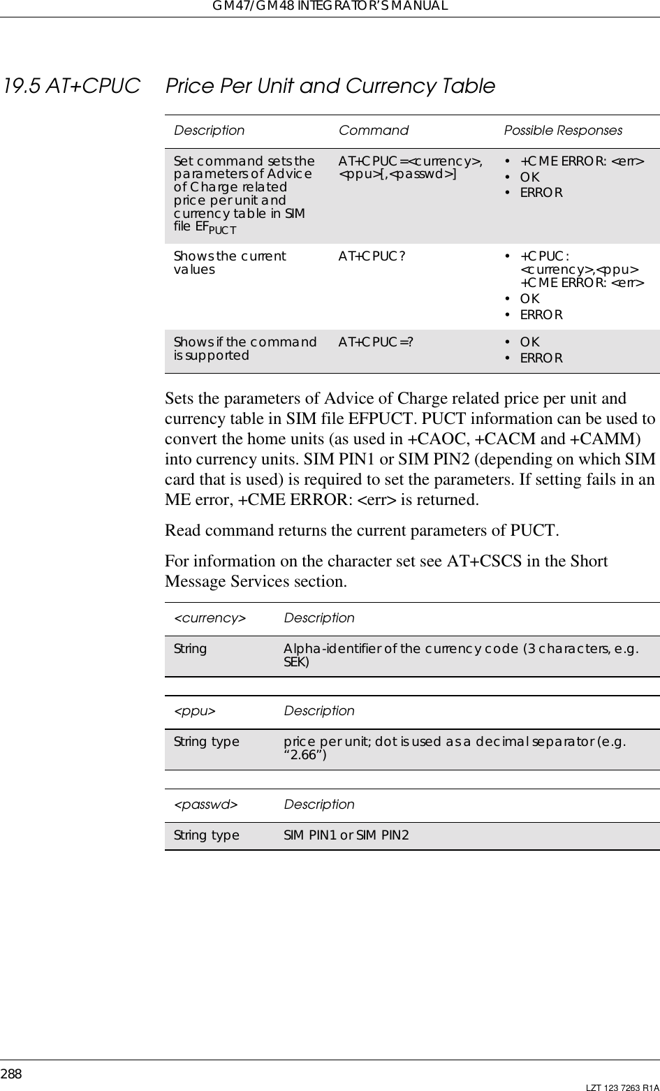 GM47/GM48 INTEGRATOR’S MANUAL288 LZT 123 7263 R1A19.5 AT+CPUC Price Per Unit and Currency TableSets the parameters of Advice of Charge related price per unit andcurrency table in SIM file EFPUCT. PUCT information can be used toconvert the home units (as used in +CAOC, +CACM and +CAMM)into currency units. SIM PIN1 or SIM PIN2 (depending on which SIMcard that is used) is required to set the parameters. If setting fails in anME error, +CME ERROR: &lt;err&gt; is returned.Read command returns the current parameters of PUCT.For information on the character set see AT+CSCS in the ShortMessage Services section.Description Command Possible ResponsesSet command sets theparameters of Adviceof Charge relatedprice per unit andcurrency table in SIMfile EFPUCTAT+CPUC=&lt;currency&gt;,&lt;ppu&gt;[,&lt;passwd&gt;] •+CMEERROR:&lt;err&gt;•OK•ERRORShows the currentvalues AT+CPUC? •+CPUC:&lt;currency&gt;,&lt;ppu&gt;+CME ERROR: &lt;err&gt;•OK•ERRORShows if the commandis supported AT+CPUC=? •OK•ERROR&lt;currency&gt; DescriptionString Alpha-identifier of the currency code (3 characters, e.g.SEK)&lt;ppu&gt; DescriptionString type price per unit; dot is used as a decimal separator (e.g.“2.66”)&lt;passwd&gt; DescriptionString type SIM PIN1 or SIM PIN2