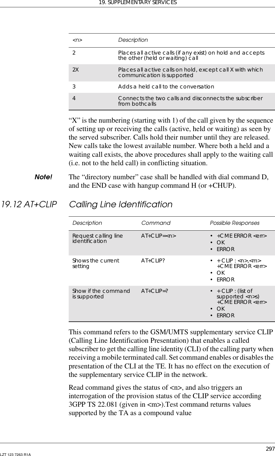 19. SUPPLEMENTARY SERVICES297LZT 123 7263 R1A“X” is the numbering (starting with 1) of the call given by the sequenceof setting up or receiving the calls (active, held or waiting) as seen bythe served subscriber. Calls hold their number until they are released.New calls take the lowest available number. Where both a held and awaiting call exists, the above procedures shall apply to the waiting call(i.e. not to the held call) in conflicting situation.Note! The “directory number” case shall be handled with dial command D,and the END case with hangup command H (or +CHUP).19.12 AT+CLIP Calling Line IdentificationThis command refers to the GSM/UMTS supplementary service CLIP(Calling Line Identification Presentation) that enables a calledsubscriber to get the calling line identity (CLI) of the calling party whenreceivinga mobile terminated call. Set command enables or disables thepresentation of the CLI at the TE. It has no effect on the execution ofthe supplementary service CLIP in the network.Read command gives the status of &lt;n&gt;, and also triggers aninterrogation of the provision status of the CLIP service according3GPP TS 22.081 (given in &lt;m&gt;).Test command returns valuessupported by the TA as a compound value2Places all active calls (if any exist) on hold and acceptsthe other (held or waiting) call2X Places all active calls on hold, except call X with whichcommunication is supported3Adds a held call to the conversation4Connects the two calls and disconnects the subscriberfrom bothcalls&lt;n&gt; DescriptionDescription Command Possible ResponsesRequest calling lineidentification AT+CLIP=&lt;n&gt; • +CME ERROR &lt;err&gt;•OK•ERRORShows the currentsetting AT+CLIP? •+CLIP:&lt;n&gt;,&lt;m&gt;+CME ERROR &lt;err&gt;•OK•ERRORShow if the commandis supported AT+CLIP=? •+CLIP:(listofsupported &lt;n&gt;s)+CME ERROR &lt;err&gt;•OK•ERROR