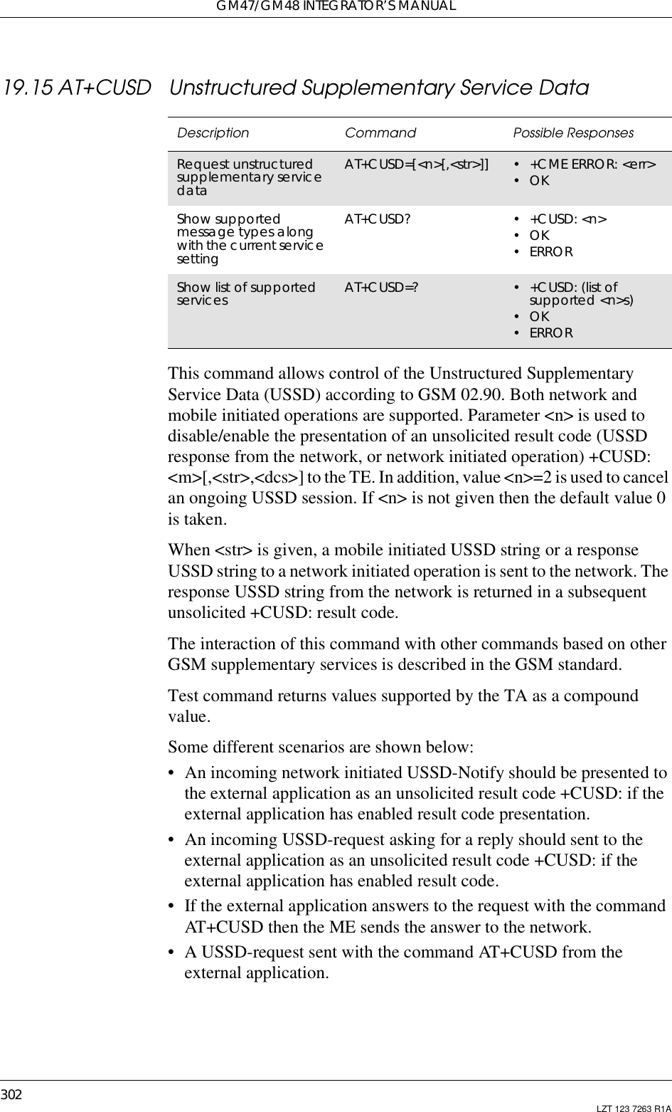 GM47/GM48 INTEGRATOR’S MANUAL302 LZT 123 7263 R1A19.15 AT+CUSD Unstructured Supplementary Service DataThis command allows control of the Unstructured SupplementaryService Data (USSD) according to GSM 02.90. Both network andmobile initiated operations are supported. Parameter &lt;n&gt; is used todisable/enable the presentation of an unsolicited result code (USSDresponse from the network, or network initiated operation) +CUSD:&lt;m&gt;[,&lt;str&gt;,&lt;dcs&gt;] to the TE. In addition, value &lt;n&gt;=2 is used to cancelan ongoing USSD session. If &lt;n&gt; is not given then the default value 0is taken.When &lt;str&gt; is given, a mobile initiated USSD string or a responseUSSD string to a network initiated operation is sent to the network. Theresponse USSD string from the network is returned in a subsequentunsolicited +CUSD: result code.The interaction of this command with other commands based on otherGSM supplementary services is described in the GSM standard.Test command returns values supported by the TA as a compoundvalue.Some different scenarios are shown below:• An incoming network initiated USSD-Notify should be presented tothe external application as an unsolicited result code +CUSD: if theexternal application has enabled result code presentation.• An incoming USSD-request asking for a reply should sent to theexternal application as an unsolicited result code +CUSD: if theexternal application has enabled result code.• If the external application answers to the request with the commandAT+CUSD then the ME sends the answer to the network.• A USSD-request sent with the command AT+CUSD from theexternal application.Description Command Possible ResponsesRequest unstructuredsupplementary servicedataAT+CUSD=[&lt;n&gt;[,&lt;str&gt;]] •+CMEERROR:&lt;err&gt;•OKShow supportedmessage types alongwith the current servicesettingAT+CUSD? •+CUSD:&lt;n&gt;•OK•ERRORShow list of supportedservices AT+CUSD=? •+CUSD:(listofsupported &lt;n&gt;s)•OK•ERROR