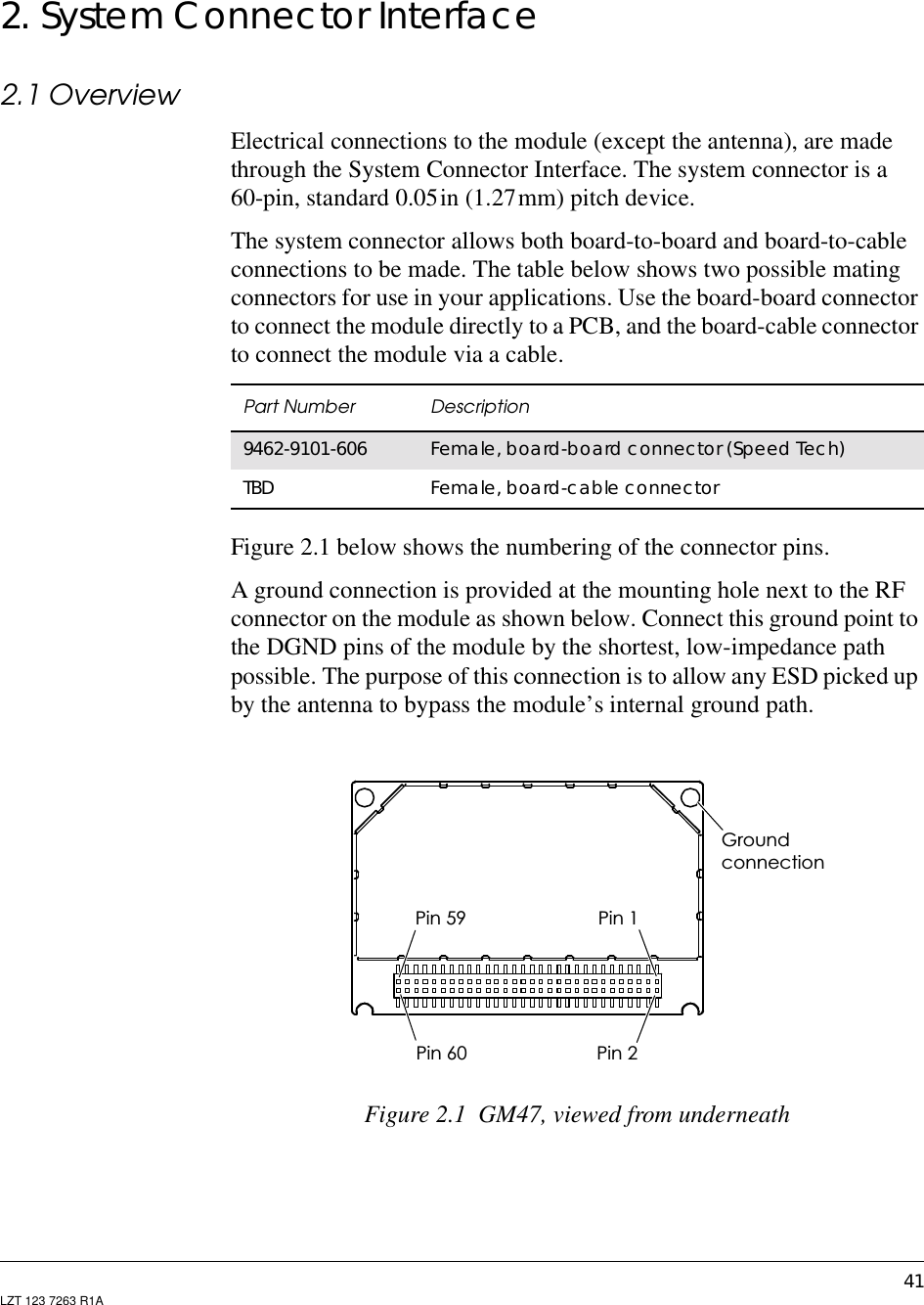 41LZT 123 7263 R1A2. System Connector Interface2.1 OverviewElectrical connections to the module (except the antenna), are madethrough the System Connector Interface. The system connector is a60-pin, standard 0.05in (1.27mm) pitch device.The system connector allows both board-to-board and board-to-cableconnections to be made. The table below shows two possible matingconnectors for use in your applications. Use the board-board connectorto connect the module directly to a PCB, and the board-cable connectorto connect the module via a cable.Figure 2.1 below shows the numbering of the connector pins.A ground connection is provided at the mounting hole next to the RFconnector on the module as shown below. Connect this ground point tothe DGND pins of the module by the shortest, low-impedance pathpossible. The purpose of this connection is to allow any ESD picked upby the antenna to bypass the module’s internal ground path.Figure 2.1 GM47, viewed from underneathPart Number Description9462-9101-606 Female, board-board connector (Speed Tech)TBD Female, board-cable connectorPin 59 Pin 1Pin 60 Pin 2Groundconnection