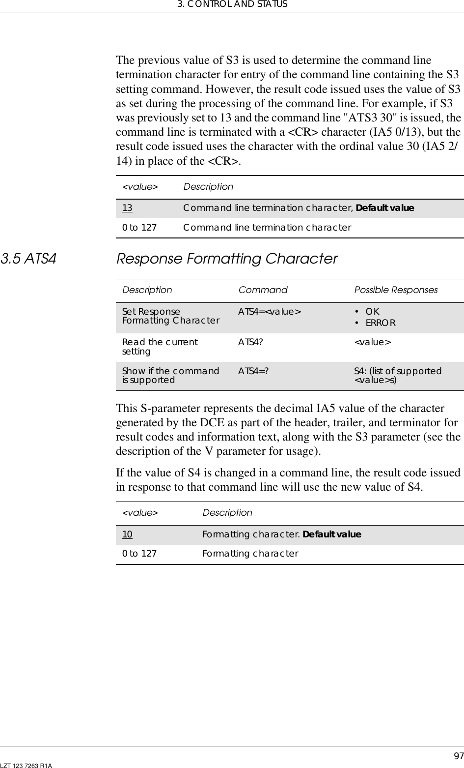 3. CONTROL AND STATUS97LZT 123 7263 R1AThe previous value of S3 is used to determine the command linetermination character for entry of the command line containing the S3setting command. However, the result code issued uses the value of S3as set during the processing of the command line. For example, if S3was previously set to 13 and the command line &quot;ATS3 30&quot; is issued, thecommand line is terminated with a &lt;CR&gt; character (IA5 0/13), but theresult code issued uses the character with the ordinal value 30 (IA5 2/14) in place of the &lt;CR&gt;.3.5 ATS4 Response Formatting CharacterThis S-parameter represents the decimal IA5 value of the charactergenerated by the DCE as part of the header, trailer, and terminator forresult codes and information text, along with the S3 parameter (see thedescription of the V parameter for usage).If the value of S4 is changed in a command line, the result code issuedin response to that command line will use the new value of S4.&lt;value&gt; Description13 Command line termination character, Default value0 to 127 Command line termination characterDescription Command Possible ResponsesSet ResponseFormatting Character ATS4=&lt;value&gt; •OK•ERRORRead the currentsetting ATS4? &lt;value&gt;Show if the commandis supported ATS4=? S4: (list of supported&lt;value&gt;s)&lt;value&gt; Description10 Formatting character. Default value0 to 127 Formatting character