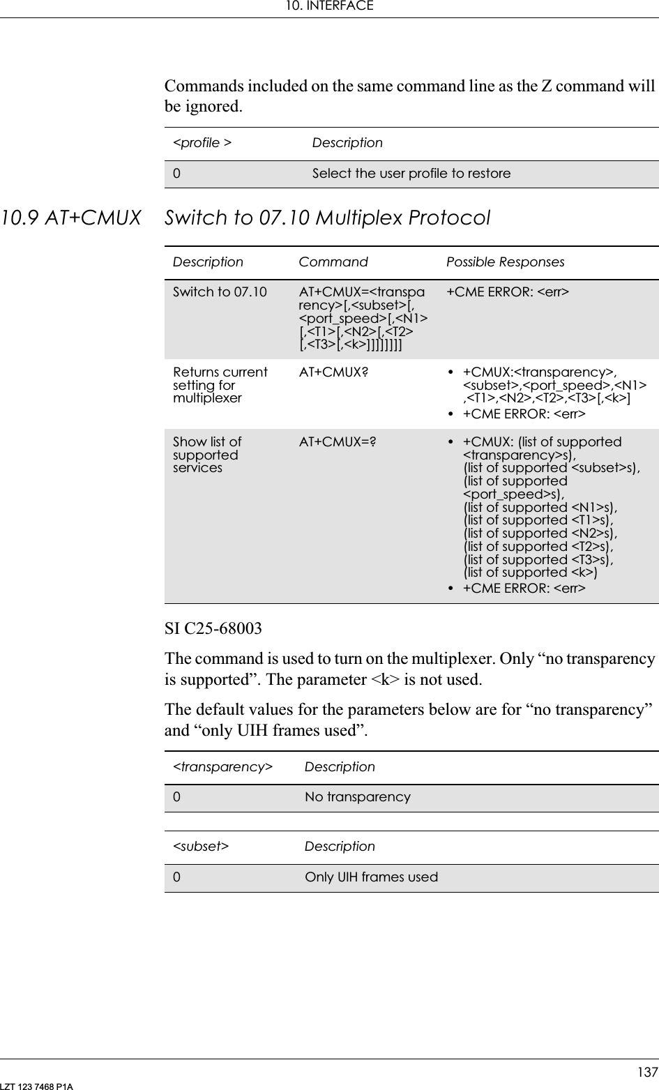 10. INTERFACE137LZT 123 7468 P1ACommands included on the same command line as the Z command will be ignored.10.9 AT+CMUX Switch to 07.10 Multiplex ProtocolSI C25-68003The command is used to turn on the multiplexer. Only “no transparency is supported”. The parameter &lt;k&gt; is not used.The default values for the parameters below are for “no transparency” and “only UIH frames used”.&lt;profile &gt; Description0Select the user profile to restoreDescription Command Possible ResponsesSwitch to 07.10 AT+CMUX=&lt;transparency&gt;[,&lt;subset&gt;[,&lt;port_speed&gt;[,&lt;N1&gt;[,&lt;T1&gt;[,&lt;N2&gt;[,&lt;T2&gt;[,&lt;T3&gt;[,&lt;k&gt;]]]]]]]]+CME ERROR: &lt;err&gt;Returns current setting for multiplexerAT+CMUX? • +CMUX:&lt;transparency&gt;,&lt;subset&gt;,&lt;port_speed&gt;,&lt;N1&gt;,&lt;T1&gt;,&lt;N2&gt;,&lt;T2&gt;,&lt;T3&gt;[,&lt;k&gt;]• +CME ERROR: &lt;err&gt;Show list of supported servicesAT+CMUX=? • +CMUX: (list of supported &lt;transparency&gt;s), (list of supported &lt;subset&gt;s), (list of supported &lt;port_speed&gt;s), (list of supported &lt;N1&gt;s), (list of supported &lt;T1&gt;s), (list of supported &lt;N2&gt;s), (list of supported &lt;T2&gt;s), (list of supported &lt;T3&gt;s), (list of supported &lt;k&gt;)• +CME ERROR: &lt;err&gt;&lt;transparency&gt; Description0No transparency&lt;subset&gt; Description0Only UIH frames used