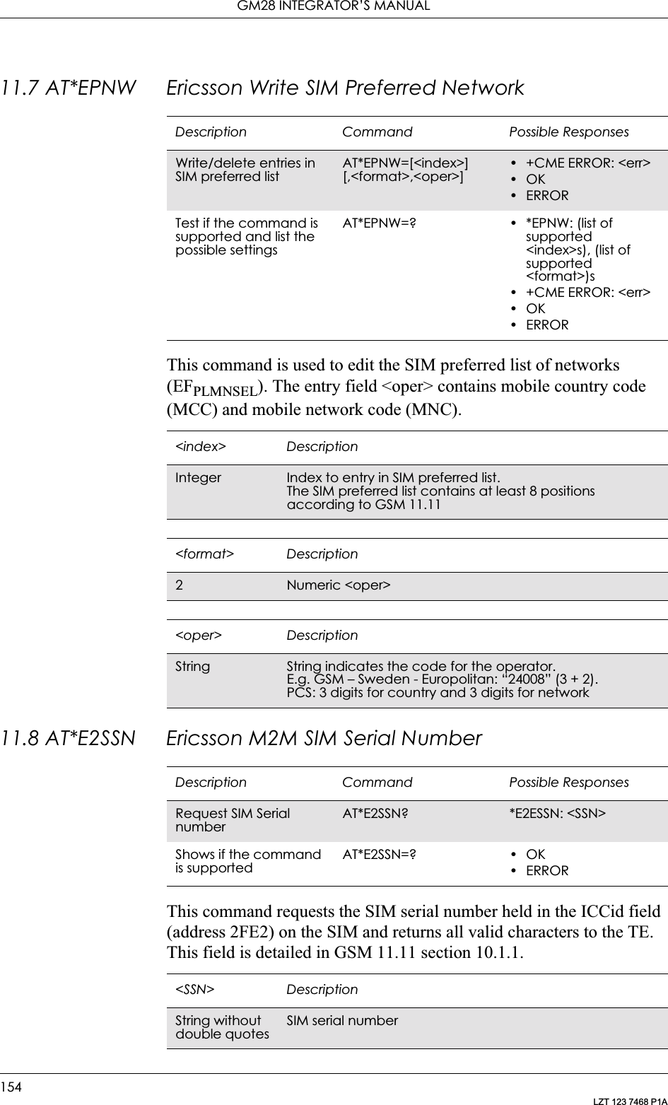 GM28 INTEGRATOR’S MANUAL154LZT 123 7468 P1A11.7 AT*EPNW Ericsson Write SIM Preferred NetworkThis command is used to edit the SIM preferred list of networks (EFPLMNSEL). The entry field &lt;oper&gt; contains mobile country code (MCC) and mobile network code (MNC).11.8 AT*E2SSN Ericsson M2M SIM Serial NumberThis command requests the SIM serial number held in the ICCid field (address 2FE2) on the SIM and returns all valid characters to the TE. This field is detailed in GSM 11.11 section 10.1.1.Description Command Possible ResponsesWrite/delete entries in SIM preferred listAT*EPNW=[&lt;index&gt;] [,&lt;format&gt;,&lt;oper&gt;]• +CME ERROR: &lt;err&gt;•OK•ERRORTest if the command is supported and list the possible settingsAT*EPNW=? • *EPNW: (list of supported &lt;index&gt;s), (list of supported &lt;format&gt;)s• +CME ERROR: &lt;err&gt;•OK•ERROR&lt;index&gt; DescriptionInteger Index to entry in SIM preferred list. The SIM preferred list contains at least 8 positions according to GSM 11.11&lt;format&gt; Description2Numeric &lt;oper&gt;&lt;oper&gt; DescriptionString String indicates the code for the operator.E.g. GSM – Sweden - Europolitan: “24008” (3 + 2).PCS: 3 digits for country and 3 digits for networkDescription Command Possible ResponsesRequest SIM Serial numberAT*E2SSN? *E2ESSN: &lt;SSN&gt;Shows if the command is supportedAT*E2SSN=? • OK•ERROR&lt;SSN&gt; DescriptionString without double quotesSIM serial number