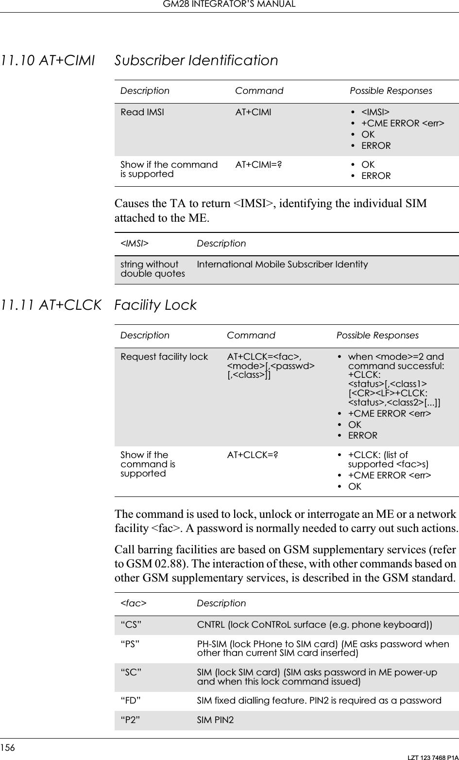 GM28 INTEGRATOR’S MANUAL156LZT 123 7468 P1A11.10 AT+CIMI Subscriber IdentificationCauses the TA to return &lt;IMSI&gt;, identifying the individual SIM attached to the ME.11.11 AT+CLCK Facility LockThe command is used to lock, unlock or interrogate an ME or a network facility &lt;fac&gt;. A password is normally needed to carry out such actions.Call barring facilities are based on GSM supplementary services (refer to GSM 02.88). The interaction of these, with other commands based on other GSM supplementary services, is described in the GSM standard.Description Command Possible ResponsesRead IMSI AT+CIMI •&lt;IMSI&gt;•+CME ERROR &lt;err&gt;•OK•ERRORShow if the command is supportedAT+CIMI=? • OK•ERROR&lt;IMSI&gt; Descriptionstring without double quotesInternational Mobile Subscriber IdentityDescription Command Possible ResponsesRequest facility lock AT+CLCK=&lt;fac&gt;, &lt;mode&gt;[,&lt;passwd&gt; [,&lt;class&gt;]]• when &lt;mode&gt;=2 and command successful: +CLCK: &lt;status&gt;[,&lt;class1&gt; [&lt;CR&gt;&lt;LF&gt;+CLCK: &lt;status&gt;,&lt;class2&gt;[...]]• +CME ERROR &lt;err&gt;•OK•ERRORShow if the command is supportedAT+CLCK=? • +CLCK: (list of supported &lt;fac&gt;s)• +CME ERROR &lt;err&gt;•OK&lt;fac&gt; Description“CS” CNTRL (lock CoNTRoL surface (e.g. phone keyboard))“PS” PH-SIM (lock PHone to SIM card) (ME asks password when other than current SIM card inserted)“SC” SIM (lock SIM card) (SIM asks password in ME power-up and when this lock command issued)“FD” SIM fixed dialling feature. PIN2 is required as a password“P2” SIM PIN2