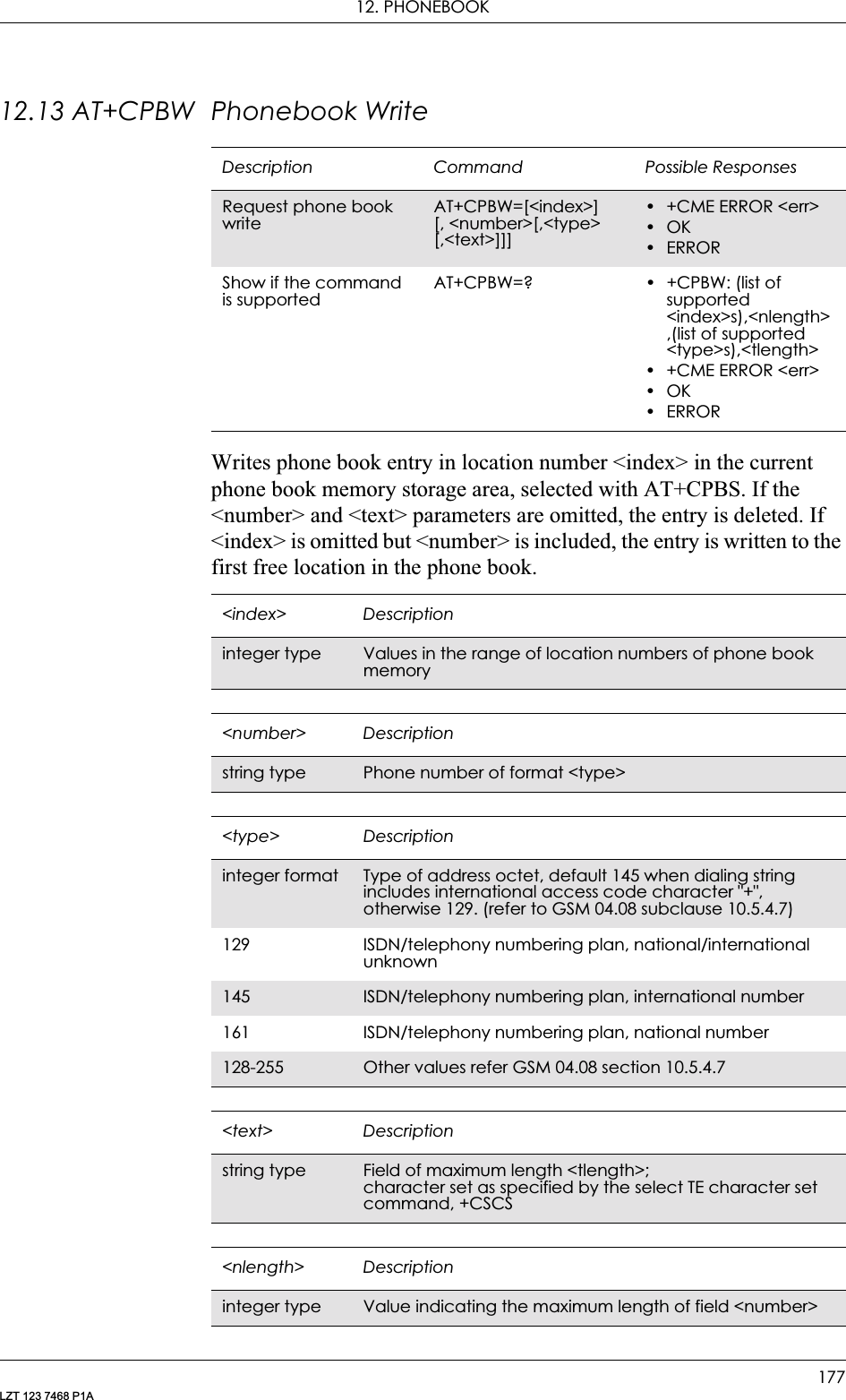 12. PHONEBOOK177LZT 123 7468 P1A12.13 AT+CPBW Phonebook WriteWrites phone book entry in location number &lt;index&gt; in the current phone book memory storage area, selected with AT+CPBS. If the &lt;number&gt; and &lt;text&gt; parameters are omitted, the entry is deleted. If &lt;index&gt; is omitted but &lt;number&gt; is included, the entry is written to the first free location in the phone book.Description Command Possible ResponsesRequest phone book writeAT+CPBW=[&lt;index&gt;][, &lt;number&gt;[,&lt;type&gt;[,&lt;text&gt;]]]• +CME ERROR &lt;err&gt;•OK•ERRORShow if the command is supportedAT+CPBW=? • +CPBW: (list of supported &lt;index&gt;s),&lt;nlength&gt;,(list of supported &lt;type&gt;s),&lt;tlength&gt;• +CME ERROR &lt;err&gt;•OK•ERROR&lt;index&gt; Descriptioninteger type Values in the range of location numbers of phone book memory&lt;number&gt; Descriptionstring type  Phone number of format &lt;type&gt;&lt;type&gt; Descriptioninteger format Type of address octet, default 145 when dialing string includes international access code character &quot;+&quot;, otherwise 129. (refer to GSM 04.08 subclause 10.5.4.7)129 ISDN/telephony numbering plan, national/international unknown145 ISDN/telephony numbering plan, international number161 ISDN/telephony numbering plan, national number128-255 Other values refer GSM 04.08 section 10.5.4.7&lt;text&gt; Descriptionstring type  Field of maximum length &lt;tlength&gt;;character set as specified by the select TE character set command, +CSCS&lt;nlength&gt; Descriptioninteger type Value indicating the maximum length of field &lt;number&gt;