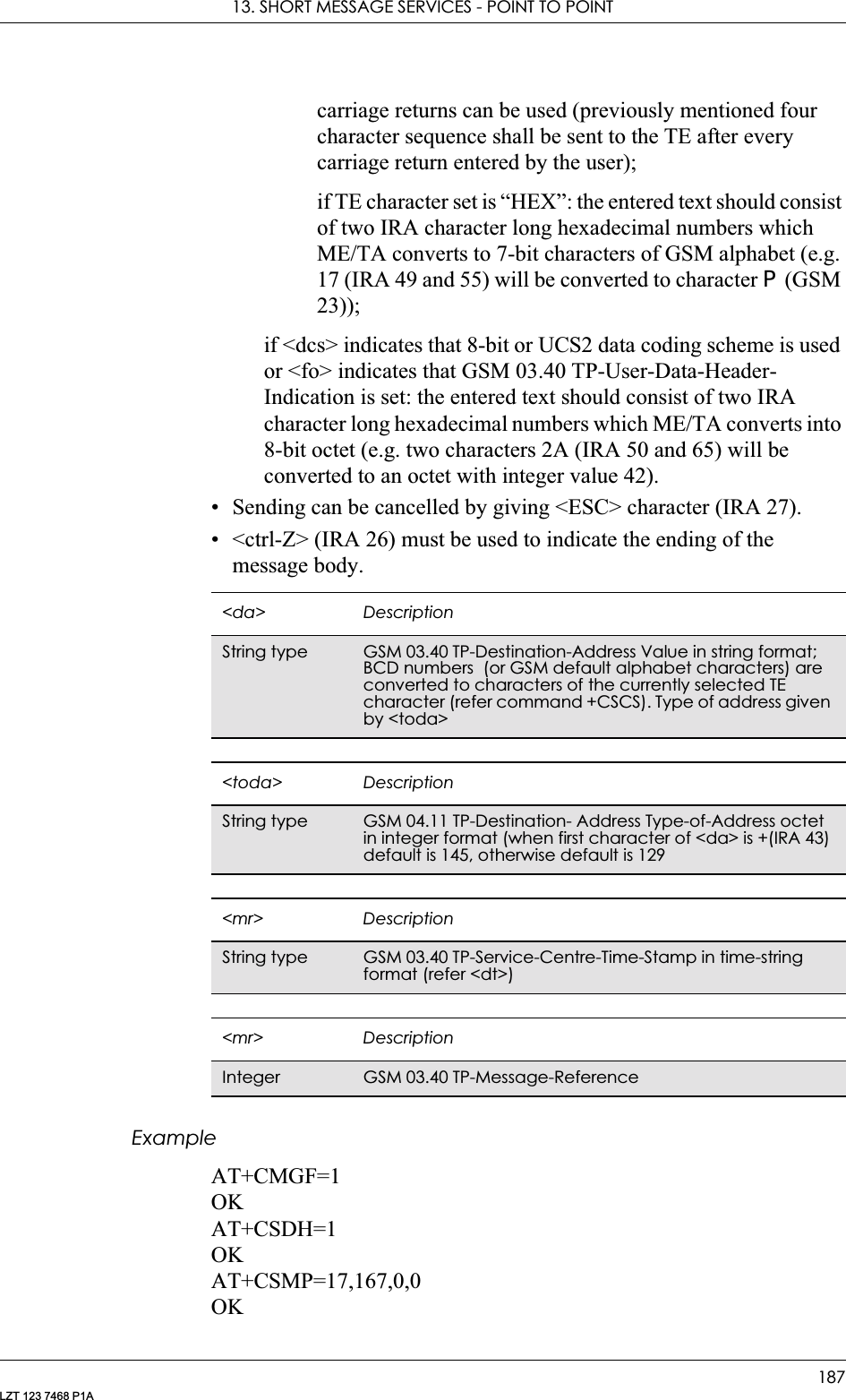 13. SHORT MESSAGE SERVICES - POINT TO POINT187LZT 123 7468 P1Acarriage returns can be used (previously mentioned four character sequence shall be sent to the TE after every carriage return entered by the user);if TE character set is “HEX”: the entered text should consist of two IRA character long hexadecimal numbers which ME/TA converts to 7-bit characters of GSM alphabet (e.g. 17 (IRA 49 and 55) will be converted to character 3 (GSM 23));if &lt;dcs&gt; indicates that 8-bit or UCS2 data coding scheme is used or &lt;fo&gt; indicates that GSM 03.40 TP-User-Data-Header-Indication is set: the entered text should consist of two IRA character long hexadecimal numbers which ME/TA converts into 8-bit octet (e.g. two characters 2A (IRA 50 and 65) will be converted to an octet with integer value 42).• Sending can be cancelled by giving &lt;ESC&gt; character (IRA 27).• &lt;ctrl-Z&gt; (IRA 26) must be used to indicate the ending of the message body.ExampleAT+CMGF=1OKAT+CSDH=1OKAT+CSMP=17,167,0,0OK&lt;da&gt; DescriptionString type GSM 03.40 TP-Destination-Address Value in string format; BCD numbers  (or GSM default alphabet characters) are converted to characters of the currently selected TE character (refer command +CSCS). Type of address given by &lt;toda&gt;&lt;toda&gt; DescriptionString type GSM 04.11 TP-Destination- Address Type-of-Address octet in integer format (when first character of &lt;da&gt; is +(IRA 43) default is 145, otherwise default is 129&lt;mr&gt; DescriptionString type GSM 03.40 TP-Service-Centre-Time-Stamp in time-string format (refer &lt;dt&gt;)&lt;mr&gt; DescriptionInteger GSM 03.40 TP-Message-Reference