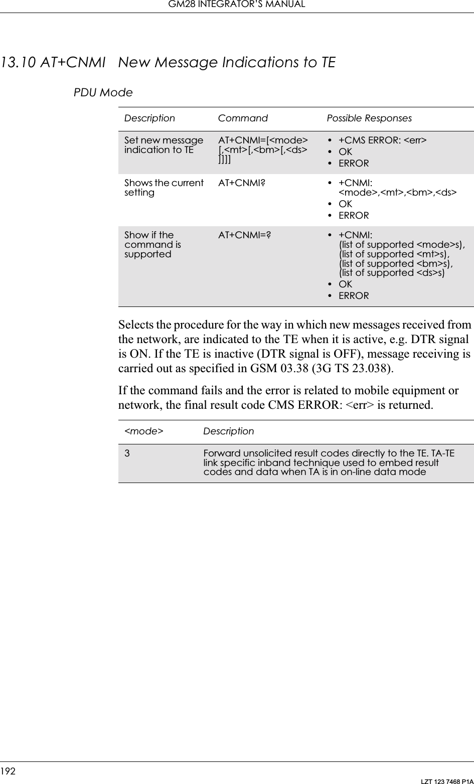 GM28 INTEGRATOR’S MANUAL192LZT 123 7468 P1A13.10 AT+CNMI New Message Indications to TEPDU ModeSelects the procedure for the way in which new messages received from the network, are indicated to the TE when it is active, e.g. DTR signal is ON. If the TE is inactive (DTR signal is OFF), message receiving is carried out as specified in GSM 03.38 (3G TS 23.038).If the command fails and the error is related to mobile equipment or network, the final result code CMS ERROR: &lt;err&gt; is returned.Description Command Possible ResponsesSet new message indication to TEAT+CNMI=[&lt;mode&gt; [,&lt;mt&gt;[,&lt;bm&gt;[,&lt;ds&gt;]]]]• +CMS ERROR: &lt;err&gt;•OK• ERRORShows the current setting AT+CNMI? • +CNMI: &lt;mode&gt;,&lt;mt&gt;,&lt;bm&gt;,&lt;ds&gt;•OK• ERRORShow if the command is supported AT+CNMI=? •+CNMI: (list of supported &lt;mode&gt;s),(list of supported &lt;mt&gt;s),(list of supported &lt;bm&gt;s),(list of supported &lt;ds&gt;s)•OK• ERROR&lt;mode&gt; Description3Forward unsolicited result codes directly to the TE. TA-TE link specific inband technique used to embed result codes and data when TA is in on-line data mode