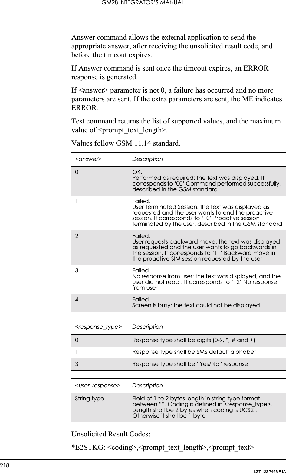 GM28 INTEGRATOR’S MANUAL218LZT 123 7468 P1AAnswer command allows the external application to send the appropriate answer, after receiving the unsolicited result code, and before the timeout expires.If Answer command is sent once the timeout expires, an ERROR response is generated.If &lt;answer&gt; parameter is not 0, a failure has occurred and no more parameters are sent. If the extra parameters are sent, the ME indicates ERROR.Test command returns the list of supported values, and the maximum value of &lt;prompt_text_length&gt;.Values follow GSM 11.14 standard.Unsolicited Result Codes:*E2STKG: &lt;coding&gt;,&lt;prompt_text_length&gt;,&lt;prompt_text&gt;&lt;answer&gt; Description0OK.Performed as required: the text was displayed. It corresponds to ‘00’ Command performed successfully, described in the GSM standard1 Failed.User Terminated Session: the text was displayed as requested and the user wants to end the proactive session. It corresponds to ‘10’ Proactive session terminated by the user, described in the GSM standard2Failed.User requests backward move: the text was displayed as requested and the user wants to go backwards in the session. It corresponds to ‘11’ Backward move in the proactive SIM session requested by the user3 Failed.No response from user: the text was displayed, and the user did not react. It corresponds to ‘12’ No response from user4Failed.Screen is busy: the text could not be displayed&lt;response_type&gt; Description0Response type shall be digits (0-9, *, # and +)1 Response type shall be SMS default alphabet3Response type shall be “Yes/No” response&lt;user_response&gt; DescriptionString type Field of 1 to 2 bytes length in string type format between “”. Coding is defined in &lt;response_type&gt;. Length shall be 2 bytes when coding is UCS2 . Otherwise it shall be 1 byte