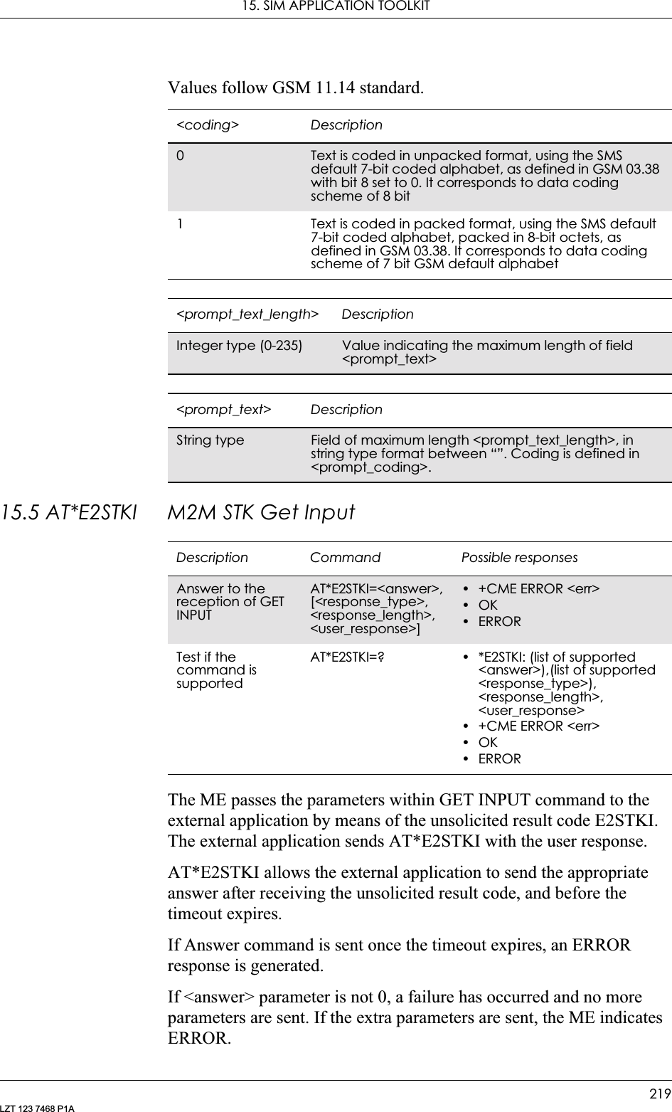 15. SIM APPLICATION TOOLKIT219LZT 123 7468 P1AValues follow GSM 11.14 standard.15.5 AT*E2STKI M2M STK Get InputThe ME passes the parameters within GET INPUT command to the external application by means of the unsolicited result code E2STKI. The external application sends AT*E2STKI with the user response.AT*E2STKI allows the external application to send the appropriate answer after receiving the unsolicited result code, and before the timeout expires.If Answer command is sent once the timeout expires, an ERROR response is generated.If &lt;answer&gt; parameter is not 0, a failure has occurred and no more parameters are sent. If the extra parameters are sent, the ME indicates ERROR.&lt;coding&gt; Description0Text is coded in unpacked format, using the SMS default 7-bit coded alphabet, as defined in GSM 03.38 with bit 8 set to 0. It corresponds to data coding scheme of 8 bit1 Text is coded in packed format, using the SMS default 7-bit coded alphabet, packed in 8-bit octets, as defined in GSM 03.38. It corresponds to data coding scheme of 7 bit GSM default alphabet&lt;prompt_text_length&gt; DescriptionInteger type (0-235) Value indicating the maximum length of field &lt;prompt_text&gt;&lt;prompt_text&gt; DescriptionString type Field of maximum length &lt;prompt_text_length&gt;, in string type format between “”. Coding is defined in &lt;prompt_coding&gt;.Description Command Possible responsesAnswer to the reception of GET INPUT AT*E2STKI=&lt;answer&gt;, [&lt;response_type&gt;, &lt;response_length&gt;, &lt;user_response&gt;]• +CME ERROR &lt;err&gt;•OK•ERRORTest if the command is supportedAT*E2STKI=? • *E2STKI: (list of supported &lt;answer&gt;),(list of supported &lt;response_type&gt;),&lt;response_length&gt;,&lt;user_response&gt;• +CME ERROR &lt;err&gt;•OK•ERROR