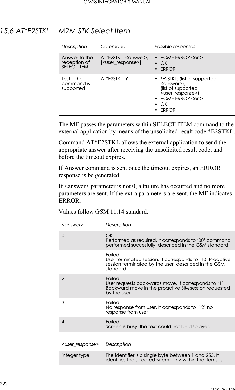 GM28 INTEGRATOR’S MANUAL222LZT 123 7468 P1A15.6 AT*E2STKL M2M STK Select ItemThe ME passes the parameters within SELECT ITEM command to the external application by means of the unsolicited result code *E2STKL.Command AT*E2STKL allows the external application to send the appropriate answer after receiving the unsolicited result code, and before the timeout expires.If Answer command is sent once the timeout expires, an ERROR response is be generated.If &lt;answer&gt; parameter is not 0, a failure has occurred and no more parameters are sent. If the extra parameters are sent, the ME indicates ERROR.Values follow GSM 11.14 standard.Description Command Possible responsesAnswer to the reception of SELECT ITEMAT*E2STKL=&lt;answer&gt;, [&lt;user_response&gt;]• +CME ERROR &lt;err&gt;•OK•ERRORTest if the command is supportedAT*E2STKL=? • *E2STKL: (list of supported &lt;answer&gt;),(list of supported &lt;user_response&gt;)• +CME ERROR &lt;err&gt;•OK•ERROR&lt;answer&gt; Description0OK.Performed as required. It corresponds to ‘00’ command performed succesfully, described in the GSM standard1 Failed.User terminated session. It corresponds to ‘10’ Proactive session terminated by the user, described in the GSM standard2Failed.User requests backwards move. It corresponds to ‘11’ Backward move in the proactive SIM session requested by the user3 Failed.No response from user. It corresponds to ‘12’ no response from user4Failed.Screen is busy: the text could not be displayed&lt;user_response&gt; Descriptioninteger type The identifier is a single byte between 1 and 255. It identifies the selected &lt;item_idn&gt; within the items list