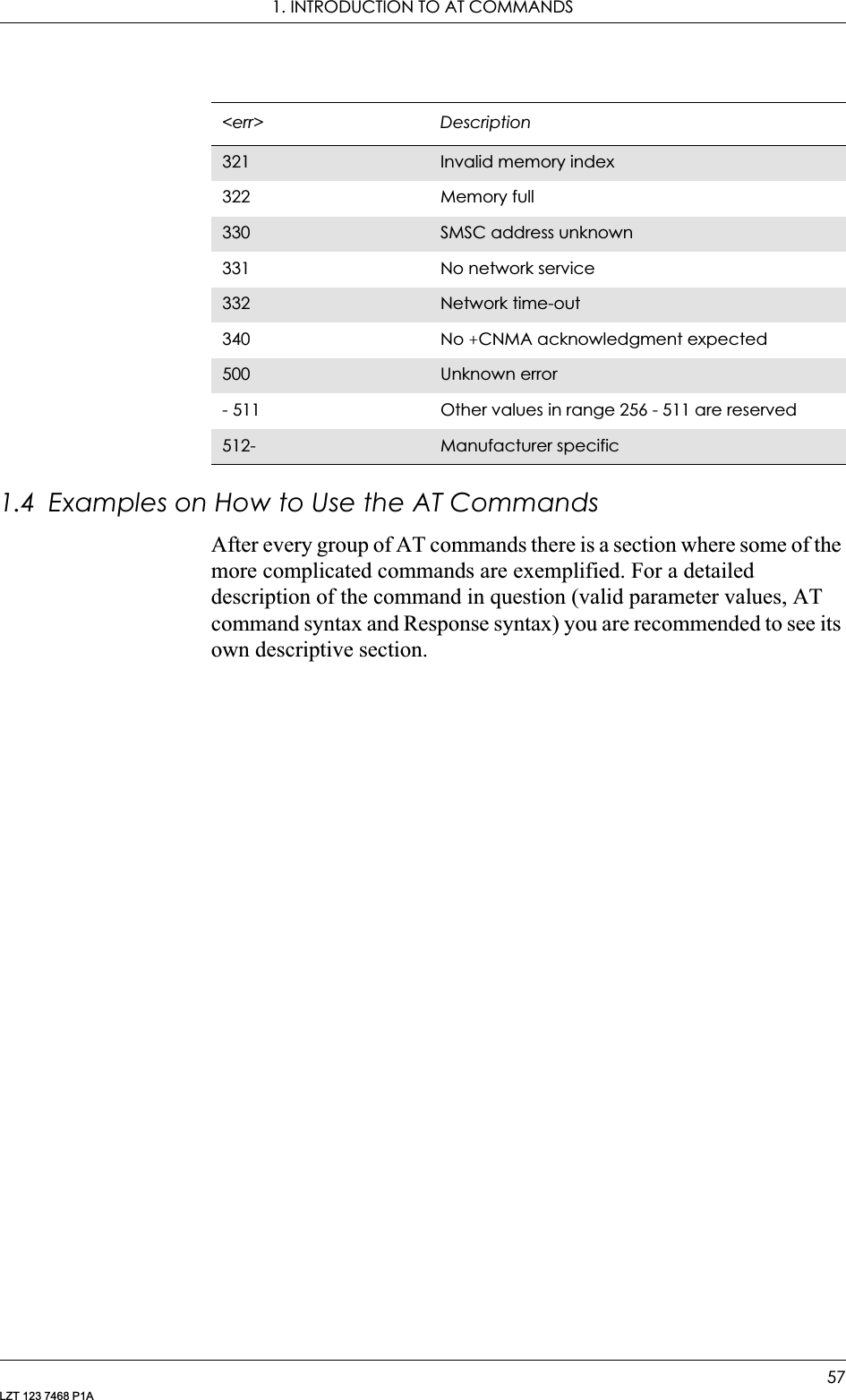 1. INTRODUCTION TO AT COMMANDS57LZT 123 7468 P1A1.4  Examples on How to Use the AT CommandsAfter every group of AT commands there is a section where some of the more complicated commands are exemplified. For a detailed description of the command in question (valid parameter values, AT command syntax and Response syntax) you are recommended to see its own descriptive section.321 Invalid memory index322 Memory full330 SMSC address unknown331 No network service332 Network time-out340 No +CNMA acknowledgment expected500 Unknown error- 511 Other values in range 256 - 511 are reserved512- Manufacturer specific&lt;err&gt; Description