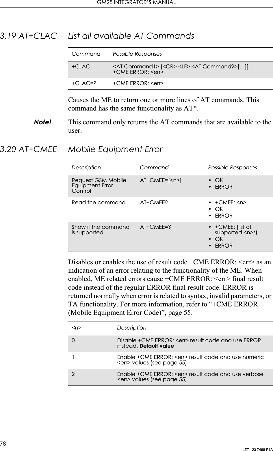 GM28 INTEGRATOR’S MANUAL78LZT 123 7468 P1A3.19 AT+CLAC List all available AT CommandsCauses the ME to return one or more lines of AT commands. This command has the same functionality as AT*.Note! This command only returns the AT commands that are available to the user.3.20 AT+CMEE Mobile Equipment ErrorDisables or enables the use of result code +CME ERROR: &lt;err&gt; as an indication of an error relating to the functionality of the ME. When enabled, ME related errors cause +CME ERROR: &lt;err&gt; final result code instead of the regular ERROR final result code. ERROR is returned normally when error is related to syntax, invalid parameters, or TA functionality. For more information, refer to “+CME ERROR (Mobile Equipment Error Code)”, page 55.Command Possible Responses+CLAC &lt;AT Command1&gt; [&lt;CR&gt; &lt;LF&gt; &lt;AT Command2&gt;[…]]+CME ERROR: &lt;err&gt;+CLAC=? +CME ERROR: &lt;err&gt;Description Command Possible ResponsesRequest GSM Mobile Equipment Error ControlAT+CMEE=[&lt;n&gt;] •OK•ERRORRead the command AT+CMEE? • +CMEE: &lt;n&gt;•OK•ERRORShow if the command is supportedAT+CMEE=? • +CMEE: (list of supported &lt;n&gt;s)•OK•ERROR&lt;n&gt; Description0Disable +CME ERROR: &lt;err&gt; result code and use ERROR instead. Default value1 Enable +CME ERROR: &lt;err&gt; result code and use numeric &lt;err&gt; values (see page 55)2Enable +CME ERROR: &lt;err&gt; result code and use verbose &lt;err&gt; values (see page 55)