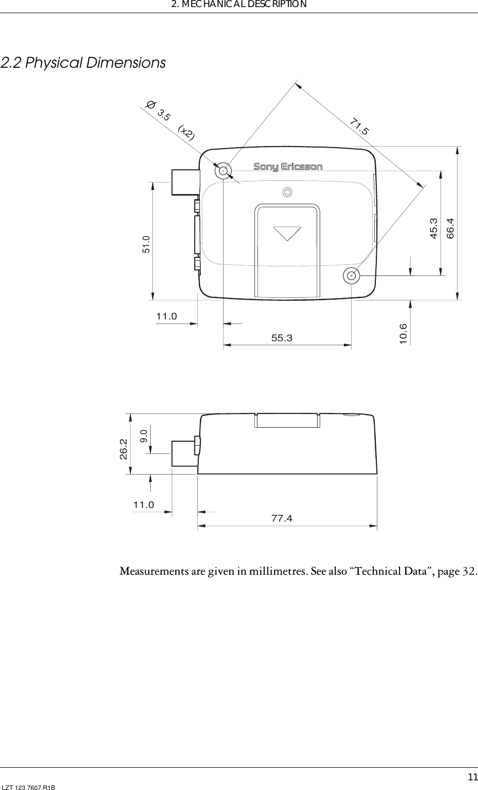 2. MECHANICAL DESCRIPTION11 LZT 123 7607 R1B2.2 Physical DimensionsMeasurements are given in millimetres. See also “Technical Data”, page 32.71.566.477.426.211.055.345.310.611.09.051.0(x2)3.5