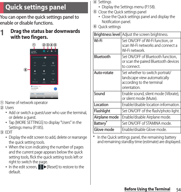 54Before Using the TerminalYou can open the quick settings panel to enable or disable functions.1Drag the status bar downwards with two fingers.aName of network operatorbUsers･Add or switch a guest/user who use the terminal, or delete a guest.･Tap [MORE SETTINGS] to display &quot;Users&quot; in the Settings menu (P.185).cEDIT･Display the edit screen to add, delete or rearrange the quick setting tools.･When the icon indicating the number of pages and the current page appears below the quick setting tools, flick the quick setting tools left or right to switch the page.･In the edit screen, u[Reset] to restore to the default.dSettings･Display the Settings menu (P.158).eClose the Quick settings panel･Close the Quick settings panel and display the Notification panel.fQuick settings* In the Quick settings panel, the remaining battery and remaining standby time (estimate) are displayed.Quick settings panelfa decbBrightness levelAdjust the screen brightness.Wi-FiSet ON/OFF of Wi-Fi function, or scan Wi-Fi networks and connect a Wi-Fi network.BluetoothSet ON/OFF of Bluetooth function, or scan the paired Bluetooth devices to connect.Auto-rotateSet whether to switch portrait/landscape view automatically according to the terminal orientation.SoundEnable sound, silent mode (Vibrate), or silent mode (Mute).LocationEnable/disable location information.FlashlightSet ON/OFF of the flash/photo light.Airplane modeEnable/disable Airplane mode.Battery*Set ON/OFF of STAMINA mode.Glove modeEnable/disable Glove mode.