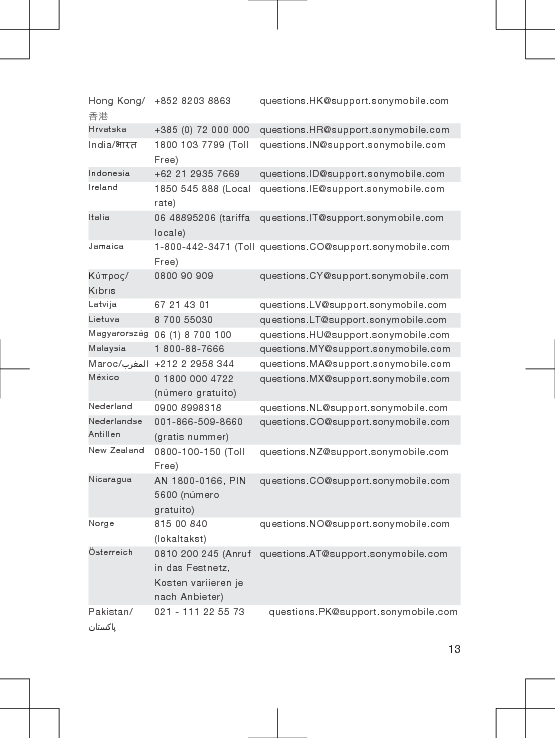 Hong Kong/香港+852 8203 8863 questions.HK@support.sonymobile.comHrvatska +385 (0) 72 000 000 questions.HR@support.sonymobile.comIndia/भारत 1800 103 7799 (TollFree)questions.IN@support.sonymobile.comIndonesia +62 21 2935 7669 questions.ID@support.sonymobile.comIreland 1850 545 888 (Localrate)questions.IE@support.sonymobile.comItalia 06 48895206 (tariffalocale)questions.IT@support.sonymobile.comJamaica 1-800-442-3471 (TollFree)questions.CO@support.sonymobile.comΚύπρος/Kıbrıs0800 90 909 questions.CY@support.sonymobile.comLatvija 67 21 43 01 questions.LV@support.sonymobile.comLietuva 8 700 55030 questions.LT@support.sonymobile.comMagyarország 06 (1) 8 700 100 questions.HU@support.sonymobile.comMalaysia 1 800-88-7666 questions.MY@support.sonymobile.comMaroc/󰂏󰂱󰃅󰃀 +212 2 2958 344 questions.MA@support.sonymobile.comMéxico 0 1800 000 4722(número gratuito)questions.MX@support.sonymobile.comNederland 0900 8998318 questions.NL@support.sonymobile.comNederlandseAntillen001-866-509-8660(gratis nummer)questions.CO@support.sonymobile.comNew Zealand 0800-100-150 (TollFree)questions.NZ@support.sonymobile.comNicaragua AN 1800-0166, PIN5600 (númerogratuito)questions.CO@support.sonymobile.comNorge 815 00 840(lokaltakst)questions.NO@support.sonymobile.comÖsterreich 0810 200 245 (Anrufin das Festnetz,Kosten variieren jenach Anbieter)questions.AT@support.sonymobile.comPakistan/󰁯󰁹󰂕󰁯021 - 111 22 55 73 questions.PK@support.sonymobile.com13
