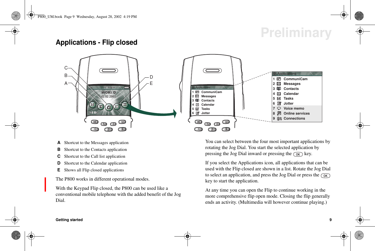 Getting started 9PreliminaryApplications - Flip closedThe P800 works in different operational modes.With the Keypad Flip closed, the P800 can be used like aconventional mobile telephone with the added benefit of the JogDial.You can select between the four most important applications byrotating the Jog Dial. You start the selected application bypressing the Jog Dial inward or pressing the key.If you select the Applications icon, all applications that can beused with the Flip closed are shown in a list. Rotate the Jog Dialto select an application, and press the Jog Dial or press thekey to start the application.At any time you can open the Flip to continue working in themore comprehensive flip open mode. Closing the flip generallyends an activity. (Multimedia will however continue playing.)CDEBA123456CommuniCamMessagesContactsCalendarTasksJotter123456CommuniCamApplicationsMessagesContactsCalendarTasksJotterApplications789Voice memoOnline servicesConnectionsAShortcut to the Messages applicationBShortcut to the Contacts applicationCShortcut to the Call list applicationDShortcut to the Calendar applicationEShows all Flip closed applicationsP800_UM.book Page 9 Wednesday, August 28, 2002 4:19 PM