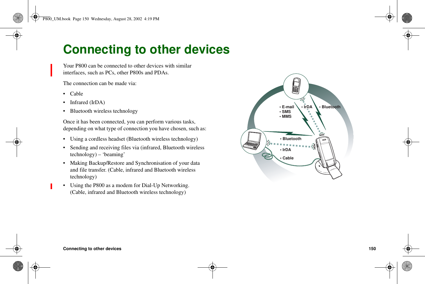 Connecting to other devices 150Connecting to other devicesYour P800 can be connected to other devices with similarinterfaces, such as PCs, other P800s and PDAs.The connection can be made via:•Cable• Infrared (IrDA)• Bluetooth wireless technologyOnce it has been connected, you can perform various tasks,depending on what type of connection you have chosen, such as:• Using a cordless headset (Bluetooth wireless technology)• Sending and receiving files via (infrared, Bluetooth wirelesstechnology) – ‘beaming’• Making Backup/Restore and Synchronisation of your dataand file transfer. (Cable, infrared and Bluetooth wirelesstechnology)• Using the P800 as a modem for Dial-Up Networking.(Cable, infrared and Bluetooth wireless technology)• Bluetooth• E-mail• SMS• MMS• Bluetooth• Cable• IrDA• IrDAP800_UM.book Page 150 Wednesday, August 28, 2002 4:19 PM