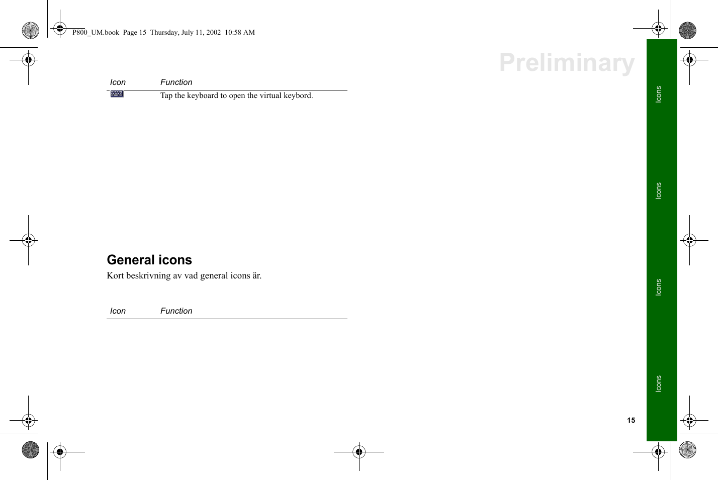 15IconsIconsIconsIconsPreliminaryGeneral iconsKort beskrivning av vad general icons är.Tap the keyboard to open the virtual keybord.Icon FunctionIcon FunctionP800_UM.book  Page 15  Thursday, July 11, 2002  10:58 AM