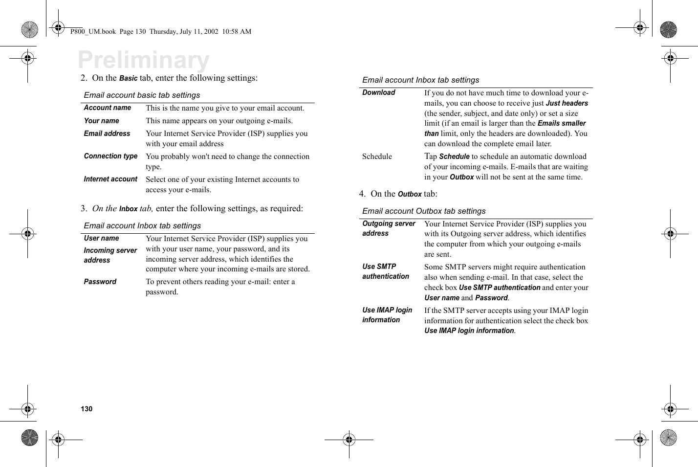 130Preliminary2. On the Basic tab, enter the following settings:3. On the Inbox tab, enter the following settings, as required:4. On the Outbox tab:Email account basic tab settingsAccount name This is the name you give to your email account.Your nameThis name appears on your outgoing e-mails.Email addressYour Internet Service Provider (ISP) supplies you with your email addressConnection type You probably won&apos;t need to change the connection type.Internet accountSelect one of your existing Internet accounts to access your e-mails.Email account Inbox tab settingsUser nameYour Internet Service Provider (ISP) supplies you with your user name, your password, and its incoming server address, which identifies the computer where your incoming e-mails are stored.Incoming server address Password To prevent others reading your e-mail: enter a password.DownloadIf you do not have much time to download your e-mails, you can choose to receive just Just headers (the sender, subject, and date only) or set a size limit (if an email is larger than the Emails smaller than limit, only the headers are downloaded). You can download the complete email later.Schedule Tap Schedule to schedule an automatic download of your incoming e-mails. E-mails that are waiting in your Outbox will not be sent at the same time.Email account Outbox tab settingsOutgoing server addressYour Internet Service Provider (ISP) supplies you with its Outgoing server address, which identifies the computer from which your outgoing e-mails are sent.Use SMTP authenticationSome SMTP servers might require authentication also when sending e-mail. In that case, select the check box Use SMTP authentication and enter your User name and Password.Use IMAP login informationIf the SMTP server accepts using your IMAP login information for authentication select the check box Use IMAP login information.Email account Inbox tab settingsP800_UM.book  Page 130  Thursday, July 11, 2002  10:58 AM