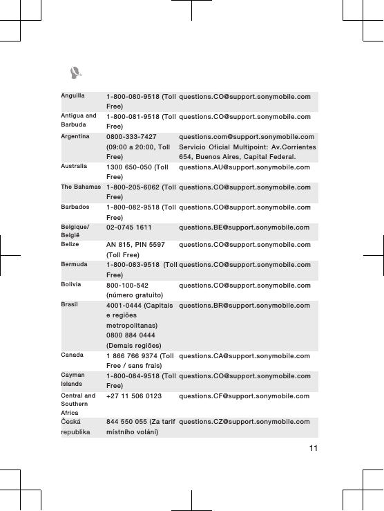 Anguilla 1-800-080-9518 (TollFree)questions.CO@support.sonymobile.comAntigua andBarbuda1-800-081-9518 (TollFree)questions.CO@support.sonymobile.comArgentina 0800-333-7427(09:00 a 20:00, TollFree)questions.com@support.sonymobile.comServicio Oficial Multipoint: Av.Corrientes654, Buenos Aires, Capital Federal.Australia 1300 650-050 (TollFree)questions.AU@support.sonymobile.comThe Bahamas 1-800-205-6062 (TollFree)questions.CO@support.sonymobile.comBarbados 1-800-082-9518 (TollFree)questions.CO@support.sonymobile.comBelgique/België02-0745 1611 questions.BE@support.sonymobile.comBelize AN 815, PIN 5597(Toll Free)questions.CO@support.sonymobile.comBermuda 1-800-083-9518 (TollFree)questions.CO@support.sonymobile.comBolivia 800-100-542(número gratuito)questions.CO@support.sonymobile.comBrasil 4001-0444 (Capitaise regiõesmetropolitanas)0800 884 0444(Demais regiões)questions.BR@support.sonymobile.comCanada 1 866 766 9374 (TollFree / sans frais)questions.CA@support.sonymobile.comCaymanIslands1-800-084-9518 (TollFree)questions.CO@support.sonymobile.comCentral andSouthernAfrica+27 11 506 0123 questions.CF@support.sonymobile.comČeskárepublika844 550 055 (Za tarifmístního volání)questions.CZ@support.sonymobile.com11