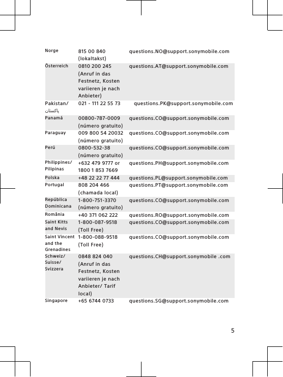 Norge 815 00 840(lokaltakst)questions.NO@support.sonymobile.comÖsterreich 0810 200 245(Anruf in dasFestnetz, Kostenvariieren je nachAnbieter)questions.AT@support.sonymobile.comPakistan/󰁯󰁹󰂕󰁯021 - 111 22 55 73 questions.PK@support.sonymobile.comPanamá 00800-787-0009(número gratuito)questions.CO@support.sonymobile.comParaguay 009 800 54 20032(número gratuito)questions.CO@support.sonymobile.comPerú 0800-532-38(número gratuito)questions.CO@support.sonymobile.comPhilippines/Pilipinas+632 479 9777 or1800 1 853 7669questions.PH@support.sonymobile.comPolska +48 22 22 77 444 questions.PL@support.sonymobile.comPortugal 808 204 466(chamada local)questions.PT@support.sonymobile.comRepúblicaDominicana1-800-751-3370(número gratuito)questions.CO@support.sonymobile.comRomânia +40 371 062 222 questions.RO@support.sonymobile.comSaint Kittsand Nevis1-800-087-9518(Toll Free)questions.CO@support.sonymobile.comSaint Vincentand theGrenadines1-800-088-9518(Toll Free)questions.CO@support.sonymobile.comSchweiz/Suisse/Svizzera0848 824 040(Anruf in dasFestnetz, Kostenvariieren je nachAnbieter/ Tariflocal)questions.CH@support.sonymobile .comSingapore +65 6744 0733 questions.SG@support.sonymobile.com5