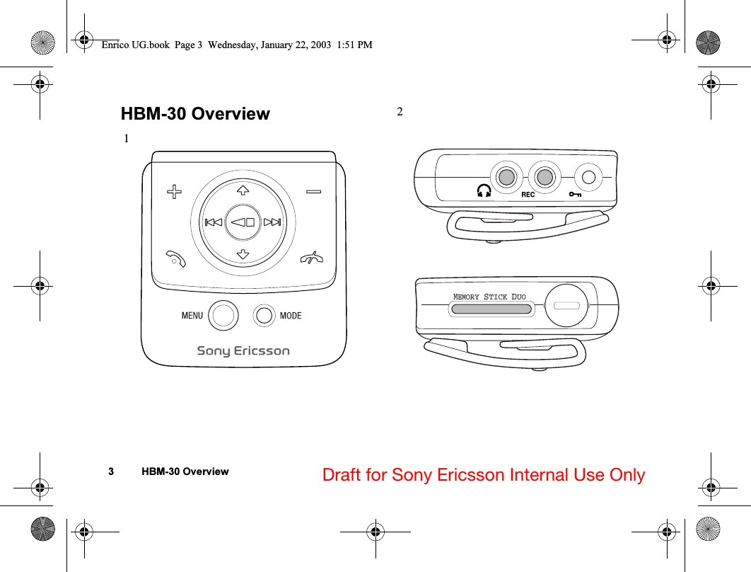 3 HBM-30 Overview Draft for Sony Ericsson Internal Use OnlyHBM-30 Overview 1       2     MEMORY STICK DUOEnrico UG.book  Page 3  Wednesday, January 22, 2003  1:51 PM