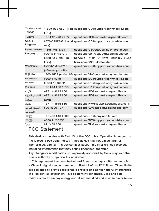 Trinidad andTobago1-800-080-9521 (TollFree)questions.CO@support.sonymobile.comTürkiye +90 212 473 77 77 questions.TR@support.sonymobile.comUnitedKingdom0370-5237237 (Localrate)questions.GB@support.sonymobile.comUnited States 1 866 766 9374 questions.US@support.sonymobile.comUruguay 000-401-787-013(09:00 a 20:00, TollFree)questions.com@support.sonymobile.comServicio Oficial A-Novo Uruguay S.A.:Mercedes 935, Montevideo.Venezuela 0-800-1-00-2250(número gratuito)questions.CO@support.sonymobile.comViệt Nam 1900 1525 (miễn phí) questions.VN@support.sonymobile .comБългария 0800 1 8778 questions.BG@support.sonymobile.comРоссия 8-800-1008022 questions.RU@support.sonymobile.comУкраїна +38 044 590 1515 questions.UA@support.sonymobile.com󰃘 +971 4 3919 880 questions.JO@support.sonymobile.com󰁯󰃄󰃚 󰁵󰃕󰁲󰂏󰂭󰃀󰂋󰂅󰁹󰃅󰃀+971 4 3919 880(UAE)questions.AE@support.sonymobile.com󰁷󰃔󰃏󰂽󰃀 +971 4 3919 880 questions.KW@support.sonymobile.com󰁵󰂽󰃁󰃅󰃅󰃀 󰁵󰃕󰁲󰂏󰂭󰃀󰁵󰃔󰃏󰂭󰂕󰃀800-8200-727 questions.SA@support.sonymobile.com中国 +86 400 810 0000 questions.CN@sonymobile.com台灣 +886 2 25625511 questions.TW@support.sonymobile.comไทย 02 2483 030 questions.TH@support.sonymobile.comFCC StatementThis device complies with Part 15 of the FCC rules. Operation is subject tothe following two conditions: (1) This device may not cause harmfulinterference, and (2) This device must accept any interference received,including interference that may cause undesired operation.Any change or modification not expressly approved by Sony may void theuser&apos;s authority to operate the equipment.This equipment has been tested and found to comply with the limits fora Class B digital device, pursuant to Part 15 of the FCC Rules. These limitsare designed to provide reasonable protection against harmful interferencein a residential installation. This equipment generates, uses and canradiate radio frequency energy and, if not installed and used in accordance15