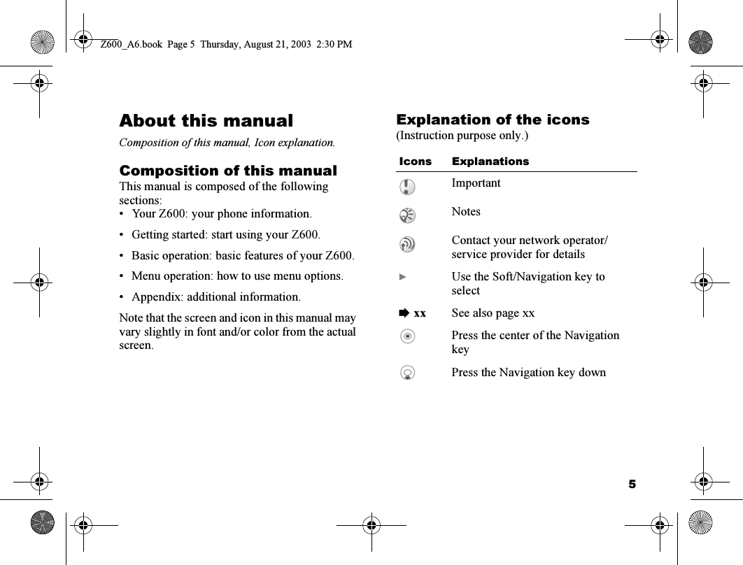 5About this manualComposition of this manual, Icon explanation.Composition of this manualThis manual is composed of the following sections:• Your Z600: your phone information.• Getting started: start using your Z600.• Basic operation: basic features of your Z600.• Menu operation: how to use menu options.• Appendix: additional information.Note that the screen and icon in this manual may vary slightly in font and/or color from the actual screen.Explanation of the icons(Instruction purpose only.)Icons ExplanationsImportantNotesContact your network operator/service provider for details}Use the Soft/Navigation key to select% xx See also page xxPress the center of the Navigation keyPress the Navigation key downZ600_A6.book  Page 5  Thursday, August 21, 2003  2:30 PM