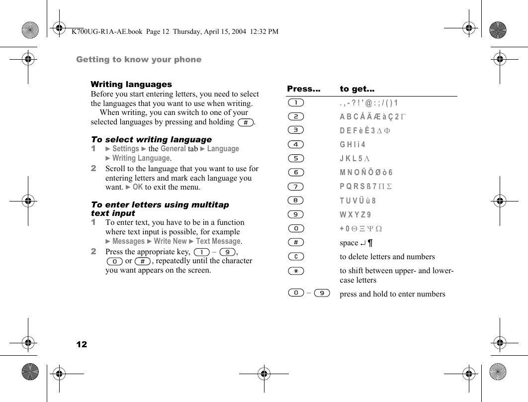 12Getting to know your phoneWriting languagesBefore you start entering letters, you need to select the languages that you want to use when writing.When writing, you can switch to one of your selected languages by pressing and holding  .To select writing language1}Settings }the General tab }Language }Writing Language.2Scroll to the language that you want to use for entering letters and mark each language you want. }OK to exit the menu.To enter letters using multitap text input1To enter text, you have to be in a function where text input is possible, for example }Messages }Write New }Text Message.2Press the appropriate key,   –  , or  , repeatedly until the character you want appears on the screen.Press… to get…. , - ? ! &apos; @ : ; / ( ) 1A B C Å Ä Æ à Ç 2 ΓD E F è É 3 ∆ ΦG H I ì 4J K L 5 ΛM N O Ñ Ö Ø ò 6P Q R S ß 7 Π ΣT U V Ü ù 8W X Y Z 9+ 0 Θ Ξ Ψ Ωspace ↵ ¶to delete letters and numbersto shift between upper- and lower-case letters –  press and hold to enter numbersK700UG-R1A-AE.book  Page 12  Thursday, April 15, 2004  12:32 PM