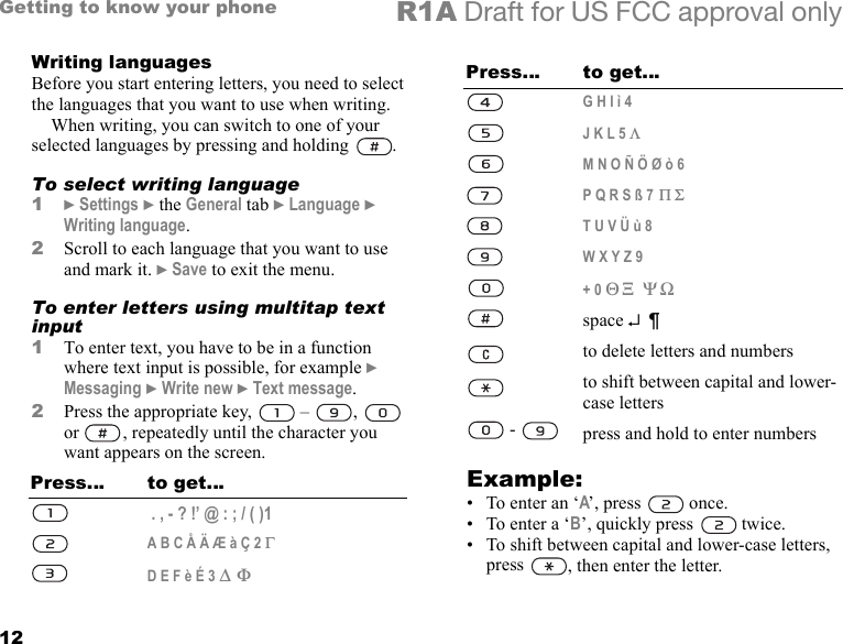 12Getting to know your phone R1A Draft for US FCC approval onlyWriting languagesBefore you start entering letters, you need to select the languages that you want to use when writing.When writing, you can switch to one of your selected languages by pressing and holding  . To select writing language1} Settings } the General tab } Language } Writing language.2Scroll to each language that you want to use and mark it. } Save to exit the menu.To enter letters using multitap text input1To enter text, you have to be in a function where text input is possible, for example } Messaging } Write new } Text message.2Press the appropriate key,   –  ,   or  , repeatedly until the character you want appears on the screen.  Example:•To enter an ‘A’, press   once.•To enter a ‘B’, quickly press   twice.• To shift between capital and lower-case letters, press  , then enter the letter.Press… to get… . , - ? !’ @ : ; / ( )1A B C Å Ä Æ à Ç 2 ΓD E F è É 3 ∆ ΦG H I ì 4J K L 5 ΛM N O Ñ Ö Ø ò 6P Q R S ß 7 Π ΣT U V Ü ù 8W X Y Z 9+ 0 Θ Ξ  Ψ Ωspace ↵ ¶to delete letters and numbersto shift between capital and lower-case letters -  press and hold to enter numbersPress… to get…