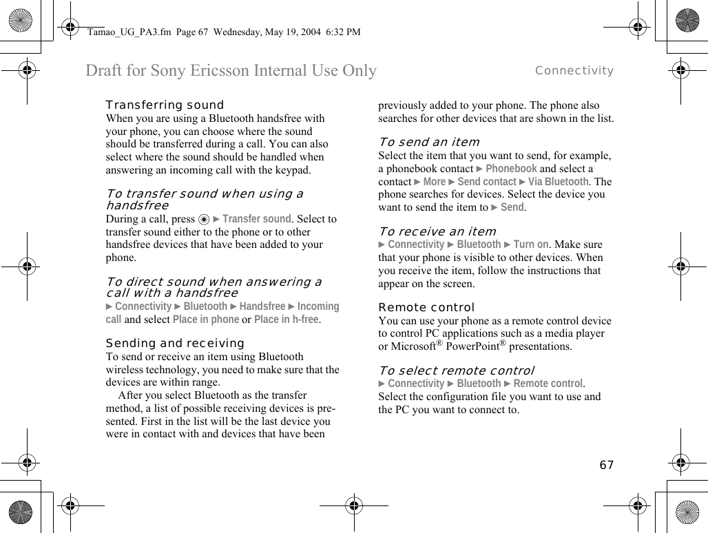 Page 67 of Sony A1021051 Licensed Transmitter User Manual Tamao UG PA3