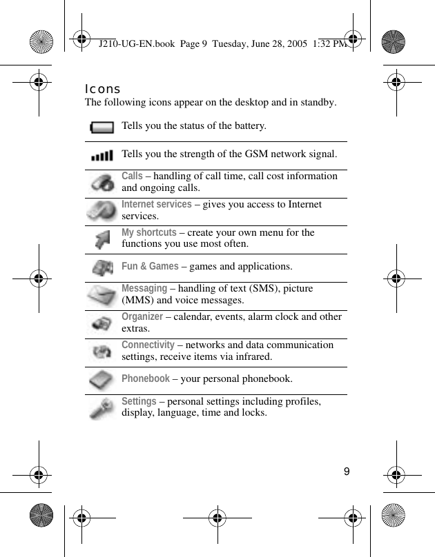 9IconsThe following icons appear on the desktop and in standby.Tells you the status of the battery.Tells you the strength of the GSM network signal.Calls – handling of call time, call cost information and ongoing calls.Internet services – gives you access to Internet services.My shortcuts – create your own menu for the functions you use most often. Fun &amp; Games – games and applications.Messaging – handling of text (SMS), picture (MMS) and voice messages. Organizer – calendar, events, alarm clock and other extras.Connectivity – networks and data communication settings, receive items via infrared.Phonebook – your personal phonebook.Settings – personal settings including profiles, display, language, time and locks.J210-UG-EN.book  Page 9  Tuesday, June 28, 2005  1:32 PM