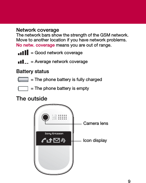 9Network coverageThe network bars show the strength of the GSM network. Move to another location if you have network problems. No netw. coverage means you are out of range.Battery statusThe outside = Good network coverage = Average network coverage = The phone battery is fully charged = The phone battery is emptyIcon displayCamera lens