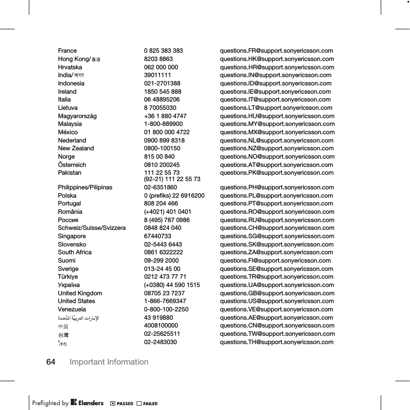 64 Important Information France 0 825 383 383 questions.FR@support.sonyericsson.comHong Kong/ 8203 8863 questions.HK@support.sonyericsson.comHrvatska 062 000 000 questions.HR@support.sonyericsson.comIndia/ 39011111 questions.IN@support.sonyericsson.comIndonesia 021-2701388 questions.ID@support.sonyericsson.comIreland 1850 545 888 questions.IE@support.sonyericsson.comItalia 06 48895206 questions.IT@support.sonyericsson.comLietuva 8 70055030 questions.LT@support.sonyericsson.comMagyarország +36 1 880 4747 questions.HU@support.sonyericsson.comMalaysia 1-800-889900 questions.MY@support.sonyericsson.comMéxico 01 800 000 4722 questions.MX@support.sonyericsson.comNederland 0900 899 8318 questions.NL@support.sonyericsson.comNew Zealand 0800-100150 questions.NZ@support.sonyericsson.comNorge 815 00 840 questions.NO@support.sonyericsson.comÖsterreich 0810 200245 questions.AT@support.sonyericsson.comPakistan 111 22 55 73(92-21) 111 22 55 73 questions.PK@support.sonyericsson.comPhilippines/Pilipinas 02-6351860 questions.PH@support.sonyericsson.comPolska 0 (prefiks) 22 6916200 questions.PL@support.sonyericsson.comPortugal 808 204 466 questions.PT@support.sonyericsson.comRomânia (+4021) 401 0401 questions.RO@support.sonyericsson.com Ɋɨɫɫɢɹ 8 (495) 787 0986 questions.RU@support.sonyericsson.comSchweiz/Suisse/Svizzera 0848 824 040 questions.CH@support.sonyericsson.comSingapore 67440733 questions.SG@support.sonyericsson.comSlovensko 02-5443 6443 questions.SK@support.sonyericsson.comSouth Africa 0861 6322222 questions.ZA@support.sonyericsson.comSuomi 09-299 2000 questions.FI@support.sonyericsson.comSverige 013-24 45 00 questions.SE@support.sonyericsson.comTürkiye 0212 473 77 71 questions.TR@support.sonyericsson.comɍɤɪɚʀɧɚ (+0380) 44 590 1515 questions.UA@support.sonyericsson.comUnited Kingdom 08705 23 7237 questions.GB@support.sonyericsson.comUnited States 1-866-7669347 questions.US@support.sonyericsson.comVenezuela 0-800-100-2250 questions.VE@support.sonyericsson.com43 919880 questions.AE@support.sonyericsson.com4008100000 questions.CN@support.sonyericsson.com02-25625511 questions.TW@support.sonyericsson.com02-2483030 questions.TH@support.sonyericsson.com