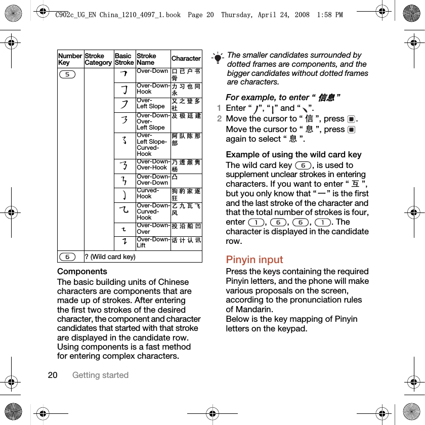 20 Getting startedComponentsThe basic building units of Chinese characters are components that are made up of strokes. After entering the first two strokes of the desired character, the component and character candidates that started with that stroke are displayed in the candidate row.Using components is a fast method for entering complex characters.For example, to enter “ֵᙃ”1Enter “ ”, “ ” and “ ”.2Move the cursor to “ ֵ”, press  .Move the cursor to “ ᙃ”, press   again to select “ ᙃ”.Example of using the wild card keyThe wild card key  , is used to supplement unclear strokes in entering characters. If you want to enter “ Ѧ”, but you only know that “ϔ” is the first and the last stroke of the character and that the total number of strokes is four, enter , , , . The character is displayed in the candidate row.Pinyin inputPress the keys containing the required Pinyin letters, and the phone will make various proposals on the screen, according to the pronunciation rules of Mandarin.Below is the key mapping of Pinyin letters on the keypad.Over-Down ষ Ꮖ ᠋ к 偼Over-Down-Hook࡯ д г ৠ ∌Over-Left Slopeজ П ⱏ ໮ ⼒Over-Down-Over-Left Slopeঞ ᵕ ᓋ ᓎOver-Left Slope-Curved-Hook䰓 䯳 䰜 䙷 䚼Over-Down-Over-HookЗ 䗣 哤 䲑 ᴼOver-Down-Over-DownߌCurved-Hook⢫ 䉍 ᆊ 䗤 ⢖Over-Down-Curved-HookЭ б ⪺ 亲 亢Over-Down-Overᡩ ⊓ 㠍 ߍOver-Down-Lift䆱 䅵 䅸 䆃? (Wild card key) Number KeyStroke CategoryBasic StrokeStroke Name Character The smaller candidates surrounded by dotted frames are components, and the bigger candidates without dotted frames are characters.&amp;FB8*B(1&amp;KLQDBBBERRN3DJH7KXUVGD\$SULO30