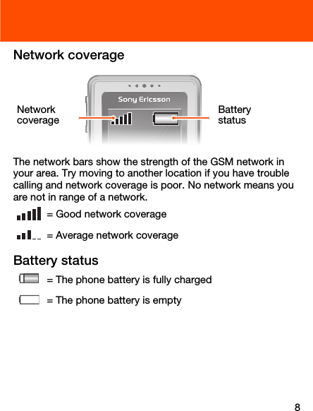 8Network coverageThe network bars show the strength of the GSM network in your area. Try moving to another location if you have trouble calling and network coverage is poor. No network means you are not in range of a network.Battery status = Good network coverage = Average network coverage = The phone battery is fully charged = The phone battery is emptyBattery statusNetwork coverage