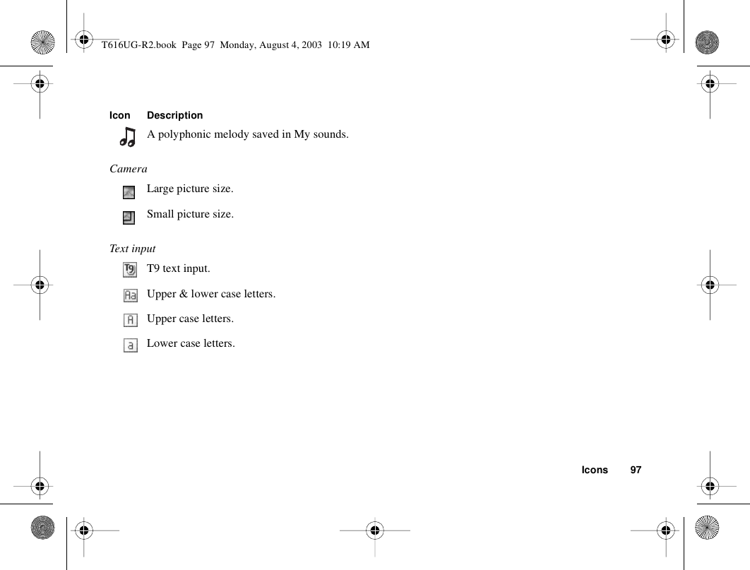 Icons 97A polyphonic melody saved in My sounds.CameraLarge picture size. Small picture size.Text inputT9 text input. Upper &amp; lower case letters.Upper case letters.Lower case letters.Icon DescriptionT616UG-R2.book  Page 97  Monday, August 4, 2003  10:19 AM