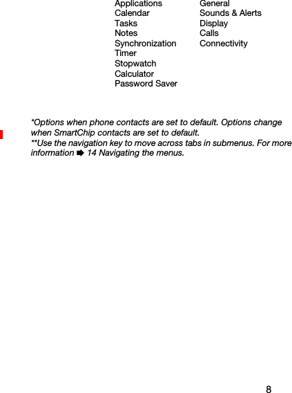 8ApplicationsCalendarTasksNotesSynchronizationTimerStopwatchCalculatorPassword SaverGeneralSounds &amp; AlertsDisplayCallsConnectivity*Options when phone contacts are set to default. Options change when SmartChip contacts are set to default.**Use the navigation key to move across tabs in submenus. For more information % 14 Navigating the menus.