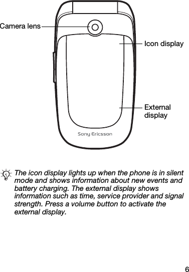 6The icon display lights up when the phone is in silent mode and shows information about new events and battery charging. The external display shows information such as time, service provider and signal strength. Press a volume button to activate the external display.External displayCamera lensIcon display