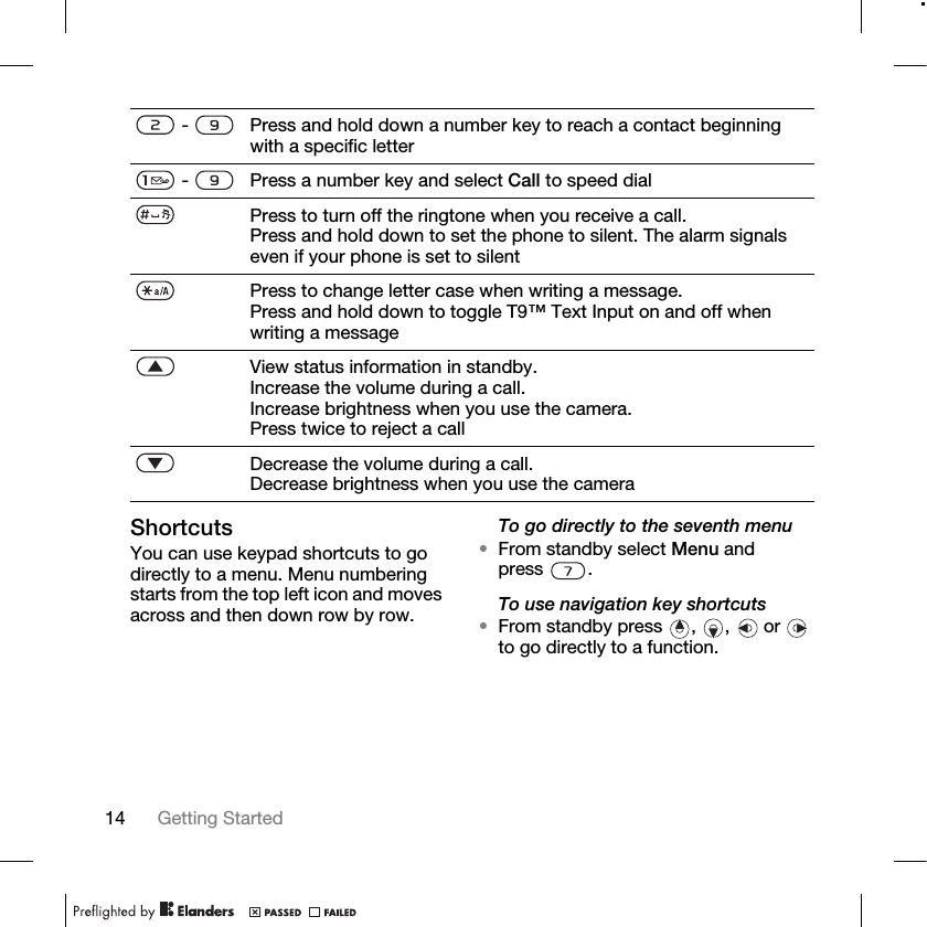 14 Getting Started ShortcutsYou can use keypad shortcuts to go directly to a menu. Menu numbering starts from the top left icon and moves across and then down row by row.To go directly to the seventh menu •From standby select Menu and press .To use navigation key shortcuts•From standby press  ,  ,   or   to go directly to a function. -  Press and hold down a number key to reach a contact beginning with a specific letter -    Press a number key and select Call to speed dialPress to turn off the ringtone when you receive a call.Press and hold down to set the phone to silent. The alarm signals even if your phone is set to silentPress to change letter case when writing a message.Press and hold down to toggle T9™ Text Input on and off when writing a messageView status information in standby.Increase the volume during a call.Increase brightness when you use the camera.Press twice to reject a callDecrease the volume during a call.Decrease brightness when you use the camera