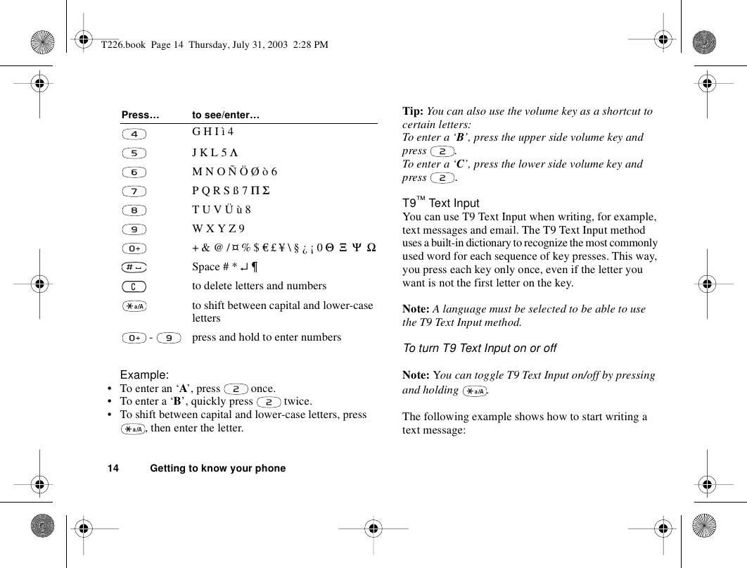 14 Getting to know your phoneExample:• To enter an ‘A’, press   once.• To enter a ‘B’, quickly press   twice.• To shift between capital and lower-case letters, press , then enter the letter.Tip: You can also use the volume key as a shortcut to certain letters:To enter a ‘B’, press the upper side volume key and press .To enter a ‘C’, press the lower side volume key and press  .T9™ Text InputYou can use T9 Text Input when writing, for example, text messages and email. The T9 Text Input method uses a built-in dictionary to recognize the most commonly used word for each sequence of key presses. This way, you press each key only once, even if the letter you want is not the first letter on the key. Note: A language must be selected to be able to use the T9 Text Input method.To turn T9 Text Input on or offNote: You can toggle T9 Text Input on/off by pressing and holding  .The following example shows how to start writing a text message:G H I ì 4J K L 5 ΛM N O Ñ Ö Ø ò 6P Q R S ß 7 Π ΣT U V Ü ù 8W X Y Z 9+ &amp; @ / ¤ % $ € £ ¥ \ § ¿ ¡ 0 Θ  Ξ  Ψ  ΩSpace # * ↵ ¶to delete letters and numbersto shift between capital and lower-case letters -  press and hold to enter numbersPress… to see/enter…T226.book  Page 14  Thursday, July 31, 2003  2:28 PM