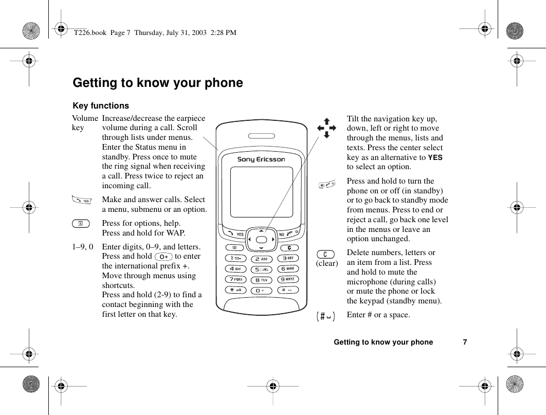 Getting to know your phone 7Getting to know your phoneKey functionsVolum e key Increase/decrease the earpiece volume during a call. Scroll through lists under menus. Enter the Status menu in standby. Press once to mute the ring signal when receiving a call. Press twice to reject an incoming call.Make and answer calls. Select a menu, submenu or an option.Press for options, help.Press and hold for WAP.1–9, 0 Enter digits, 0–9, and letters. Press and hold   to enter the international prefix +. Move through menus using shortcuts.Press and hold (2-9) to find a contact beginning with the first letter on that key.Tilt the navigation key up, down, left or right to move through the menus, lists and texts. Press the center select key as an alternative to YES to select an option.Press and hold to turn the phone on or off (in standby) or to go back to standby mode from menus. Press to end or reject a call, go back one level in the menus or leave an option unchanged.(clear)Delete numbers, letters or an item from a list. Press and hold to mute the microphone (during calls) or mute the phone or lock the keypad (standby menu).Enter # or a space.T226.book  Page 7  Thursday, July 31, 2003  2:28 PM