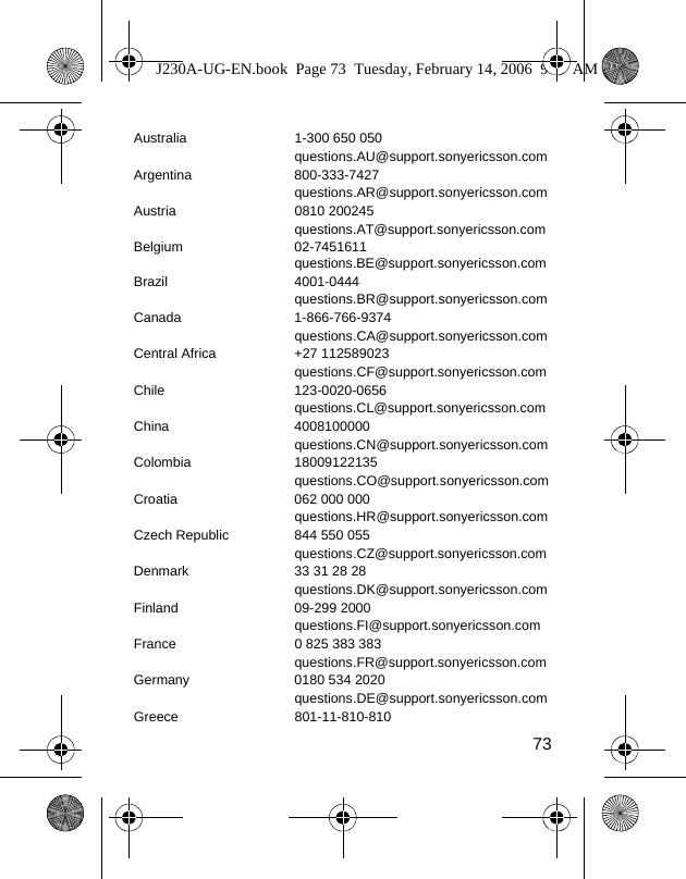 73Australia 1-300 650 050questions.AU@support.sonyericsson.comArgentina 800-333-7427questions.AR@support.sonyericsson.comAustria 0810 200245questions.AT@support.sonyericsson.comBel gi um 02- 74 51 61 1                                                                                questions.BE@support.sonyericsson.comBrazil 4001-0444                              questions.BR@support.sonyericsson.comCanada 1-866-766-9374 questions.CA@support.sonyericsson.comCentral Africa +27 112589023questions.CF@support.sonyericsson.comChile 123-0020-0656questions.CL@support.sonyericsson.comChina 4008100000questions.CN@support.sonyericsson.comColombia 18009122135questions.CO@support.sonyericsson.comCroatia 062 000 000questions.HR@support.sonyericsson.comCzech Republic 844 550 055questions.CZ@support.sonyericsson.comDenmark 33 31 28 28questions.DK@support.sonyericsson.comFinland 09-299 2000questions.FI@support.sonyericsson.comFrance 0 825 383 383questions.FR@support.sonyericsson.comGermany 0180 534 2020questions.DE@support.sonyericsson.comGreece 801-11-810-810J230A-UG-EN.book  Page 73  Tuesday, February 14, 2006  9:37 AM