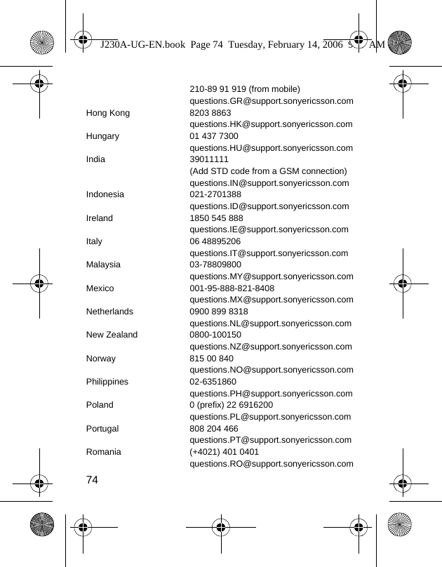 74210-89 91 919 (from mobile)questions.GR@support.sonyericsson.comHong Kong 8203 8863questions.HK@support.sonyericsson.comHungary 01 437 7300questions.HU@support.sonyericsson.comIndia 39011111(Add STD code from a GSM connection)questions.IN@support.sonyericsson.comIndonesia 021-2701388questions.ID@support.sonyericsson.comIreland 1850 545 888questions.IE@support.sonyericsson.comItaly 06 48895206questions.IT@support.sonyericsson.comMalaysia 03-78809800questions.MY@support.sonyericsson.comMexico 001-95-888-821-8408questions.MX@support.sonyericsson.comNetherlands 0900 899 8318questions.NL@support.sonyericsson.comNew Zealand 0800-100150questions.NZ@support.sonyericsson.comNorway 815 00 840questions.NO@support.sonyericsson.comPhilippines 02-6351860questions.PH@support.sonyericsson.comPoland 0 (prefix) 22 6916200questions.PL@support.sonyericsson.comPortugal 808 204 466questions.PT@support.sonyericsson.comRomania (+4021) 401 0401questions.RO@support.sonyericsson.comJ230A-UG-EN.book  Page 74  Tuesday, February 14, 2006  9:37 AM