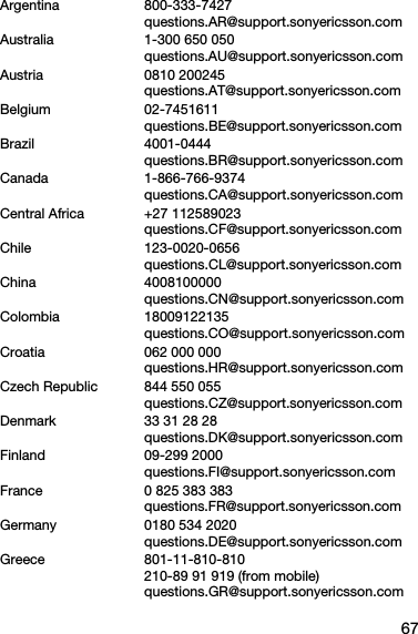 67Argentina 800-333-7427questions.AR@support.sonyericsson.comAustralia 1-300 650 050questions.AU@support.sonyericsson.comAustria 0810 200245questions.AT@support.sonyericsson.comBelgium 02-7451611 questions.BE@support.sonyericsson.comBrazil 4001-0444questions.BR@support.sonyericsson.comCanada 1-866-766-9374questions.CA@support.sonyericsson.comCentral Africa +27 112589023questions.CF@support.sonyericsson.comChile 123-0020-0656questions.CL@support.sonyericsson.comChina 4008100000questions.CN@support.sonyericsson.comColombia 18009122135questions.CO@support.sonyericsson.comCroatia 062 000 000questions.HR@support.sonyericsson.comCzech Republic 844 550 055questions.CZ@support.sonyericsson.comDenmark 33 31 28 28questions.DK@support.sonyericsson.comFinland 09-299 2000questions.FI@support.sonyericsson.comFrance 0 825 383 383questions.FR@support.sonyericsson.comGermany 0180 534 2020questions.DE@support.sonyericsson.comGreece 801-11-810-810210-89 91 919 (from mobile)questions.GR@support.sonyericsson.com