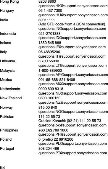 68Hong Kong 8203 8863questions.HK@support.sonyericsson.comHungary 06 1 437 7300questions.HU@support.sonyericsson.comIndia 39011111(Add STD code from a GSM connection)questions.IN@support.sonyericsson.comIndonesia 021-2701388questions.ID@support.sonyericsson.comIreland 1850 545 888questions.IE@support.sonyericsson.comItaly 06 48895206questions.IT@support.sonyericsson.comLithuania 8 700 55030questions.LT@support.sonyericsson.comMalaysia 1-800-889900questions.MY@support.sonyericsson.comMexico 001-95-888-821-8408questions.MX@support.sonyericsson.comNetherlands 0900 899 8318questions.NL@support.sonyericsson.comNew Zealand 0800-100150questions.NZ@support.sonyericsson.comNorway 815 00 840questions.NO@support.sonyericsson.comPakistan 111 22 55 73 Outside Karachi: (92-21) 111 22 55 73questions.pk@support.sonyericsson.comPhilippines +63 (02) 789 1860questions.PH@support.sonyericsson.comPoland 0 (prefix) 22 6916200questions.PL@support.sonyericsson.comPortugal 808 204 466questions.PT@support.sonyericsson.com