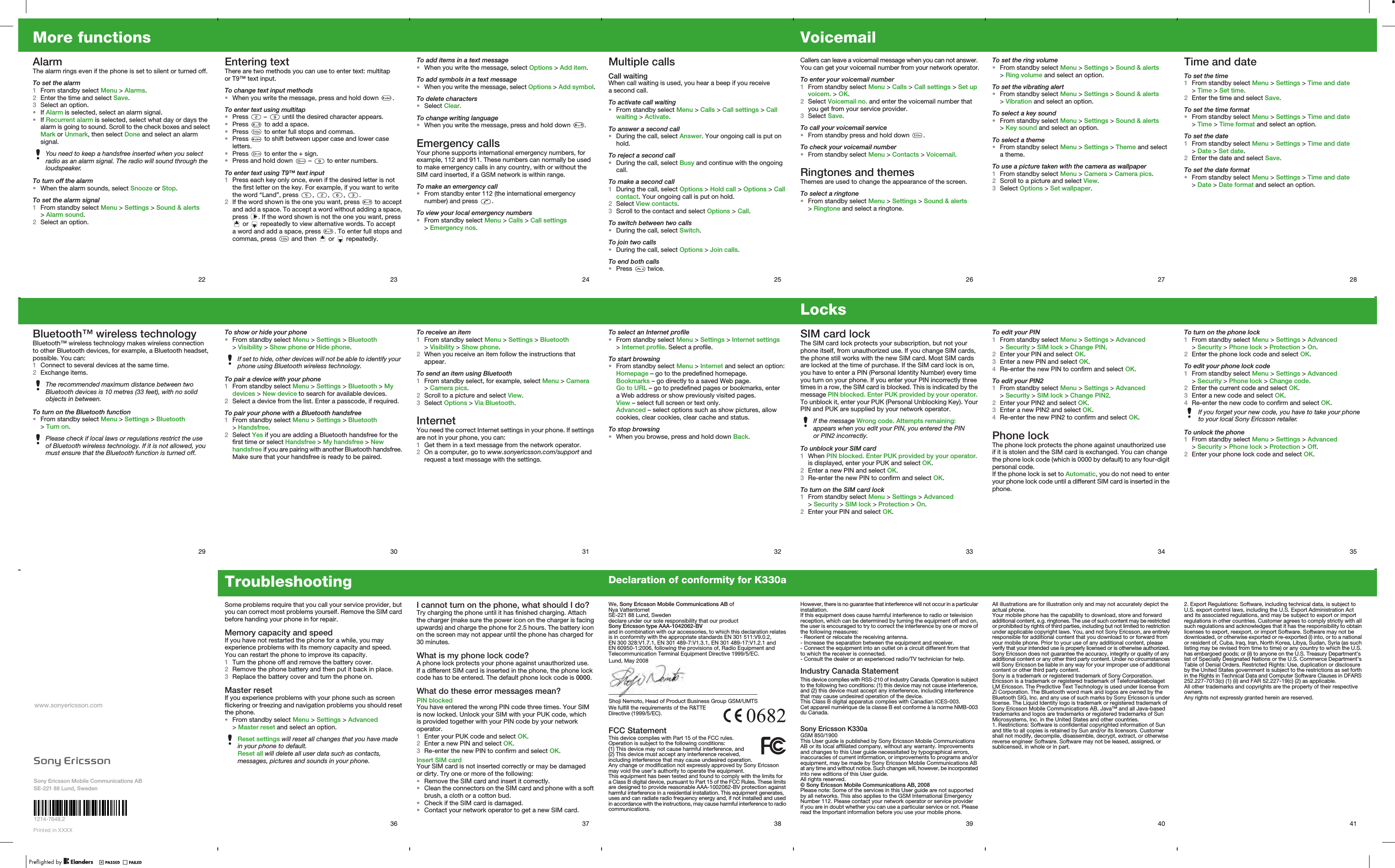 22More functionsAlarmThe alarm rings even if the phone is set to silent or turned off.To set the alarm1From standby select Menu &gt; Alarms.2Enter the time and select Save.3Select an option.•If Alarm is selected, select an alarm signal.•If Recurrent alarm is selected, select what day or days the alarm is going to sound. Scroll to the check boxes and select Mark or Unmark, then select Done and select an alarm signal.To turn off the alarm•When the alarm sounds, select Snooze or Stop.To set the alarm signal1From standby select Menu &gt; Settings &gt; Sound &amp; alerts &gt; Alarm sound.2Select an option.You need to keep a handsfree inserted when you select radio as an alarm signal. The radio will sound through the loudspeaker.23Entering textThere are two methods you can use to enter text: multitap or T9™ text input.To change text input methods•When you write the message, press and hold down  .To enter text using multitap•Press   –   until the desired character appears.•Press   to add a space.•Press   to enter full stops and commas.•Press   to shift between upper case and lower case letters.•Press   to enter the + sign.•Press and hold down   –   to enter numbers.To enter text using T9™ text input1Press each key only once, even if the desired letter is not the first letter on the key. For example, if you want to write the word “Land”, press  ,  ,  ,  .2If the word shown is the one you want, press   to accept and add a space. To accept a word without adding a space, press  . If the word shown is not the one you want, press  or   repeatedly to view alternative words. To accept a word and add a space, press  . To enter full stops and commas, press   and then   or   repeatedly.24To add items in a text message•When you write the message, select Options &gt; Add item.To add symbols in a text message•When you write the message, select Options &gt; Add symbol.To delete characters•Select Clear.To change writing language•When you write the message, press and hold down  .Emergency callsYour phone supports international emergency numbers, for example, 112 and 911. These numbers can normally be used to make emergency calls in any country, with or without the SIM card inserted, if a GSM network is within range.To make an emergency call•From standby enter 112 (the international emergency number) and press  .To view your local emergency numbers•From standby select Menu &gt; Calls &gt; Call settings &gt; Emergency nos.25Multiple callsCall waitingWhen call waiting is used, you hear a beep if you receive a second call.To activate call waiting•From standby select Menu &gt; Calls &gt; Call settings &gt; Call waiting &gt; Activate.To answer a second call•During the call, select Answer. Your ongoing call is put on hold.To reject a second call•During the call, select Busy and continue with the ongoing call.To make a second call1During the call, select Options &gt; Hold call &gt; Options &gt; Call contact. Your ongoing call is put on hold.2Select View contacts.3Scroll to the contact and select Options &gt; Call.To switch between two calls•During the call, select Switch.To join two calls•During the call, select Options &gt; Join calls.To end both calls•Press   twice.26VoicemailCallers can leave a voicemail message when you can not answer. You can get your voicemail number from your network operator.To enter your voicemail number1From standby select Menu &gt; Calls &gt; Call settings &gt; Set up voicem. &gt; OK.2Select Voicemail no. and enter the voicemail number that you get from your service provider.3Select Save.To call your voicemail service•From standby press and hold down  .To check your voicemail number•From standby select Menu &gt; Contacts &gt; Voicemail.Ringtones and themesThemes are used to change the appearance of the screen.To select a ringtone•From standby select Menu &gt; Settings &gt; Sound &amp; alerts &gt; Ringtone and select a ringtone.27To set the ring volume•From standby select Menu &gt; Settings &gt; Sound &amp; alerts &gt; Ring volume and select an option.To set the vibrating alert•From standby select Menu &gt; Settings &gt; Sound &amp; alerts &gt; Vibration and select an option.To select a key sound•From standby select Menu &gt; Settings &gt; Sound &amp; alerts &gt; Key sound and select an option.To select a theme•From standby select Menu &gt; Settings &gt; Theme and select a theme.To use a picture taken with the camera as wallpaper1From standby select Menu &gt; Camera &gt; Camera pics.2Scroll to a picture and select View.3Select Options &gt; Set wallpaper.28Time and dateTo set the time1From standby select Menu &gt; Settings &gt; Time and date &gt; Time &gt; Set time.2Enter the time and select Save.To set the time format•From standby select Menu &gt; Settings &gt; Time and date &gt; Time &gt; Time format and select an option.To set the date1From standby select Menu &gt; Settings &gt; Time and date &gt; Date &gt; Set date.2Enter the date and select Save.To set the date format•From standby select Menu &gt; Settings &gt; Time and date &gt; Date &gt; Date format and select an option.35To turn on the phone lock1From standby select Menu &gt; Settings &gt; Advanced &gt; Security &gt; Phone lock &gt; Protection &gt; On.2Enter the phone lock code and select OK.To edit your phone lock code1From standby select Menu &gt; Settings &gt; Advanced &gt; Security &gt; Phone lock &gt; Change code.2Enter the current code and select OK.3Enter a new code and select OK.4Re-enter the new code to confirm and select OK.To unlock the phone1From standby select Menu &gt; Settings &gt; Advanced &gt; Security &gt; Phone lock &gt; Protection &gt; Off.2Enter your phone lock code and select OK.If you forget your new code, you have to take your phone to your local Sony Ericsson retailer.34To edit your PIN1From standby select Menu &gt; Settings &gt; Advanced &gt; Security &gt; SIM lock &gt; Change PIN.2Enter your PIN and select OK.3Enter a new PIN and select OK.4Re-enter the new PIN to confirm and select OK.To edit your PIN21From standby select Menu &gt; Settings &gt; Advanced &gt; Security &gt; SIM lock &gt; Change PIN2.2Enter your PIN2 and select OK.3Enter a new PIN2 and select OK.4Re-enter the new PIN2 to confirm and select OK.Phone lockThe phone lock protects the phone against unauthorized use if it is stolen and the SIM card is exchanged. You can change the phone lock code (which is 0000 by default) to any four-digit personal code.If the phone lock is set to Automatic, you do not need to enter your phone lock code until a different SIM card is inserted in the phone.33LocksSIM card lockThe SIM card lock protects your subscription, but not your phone itself, from unauthorized use. If you change SIM cards, the phone still works with the new SIM card. Most SIM cards are locked at the time of purchase. If the SIM card lock is on, you have to enter a PIN (Personal Identity Number) every time you turn on your phone. If you enter your PIN incorrectly three times in a row, the SIM card is blocked. This is indicated by the message PIN blocked. Enter PUK provided by your operator. To unblock it, enter your PUK (Personal Unblocking Key). Your PIN and PUK are supplied by your network operator. To unblock your SIM card1When PIN blocked. Enter PUK provided by your operator. is displayed, enter your PUK and select OK.2Enter a new PIN and select OK.3Re-enter the new PIN to confirm and select OK.To turn on the SIM card lock1From standby select Menu &gt; Settings &gt; Advanced &gt; Security &gt; SIM lock &gt; Protection &gt; On.2Enter your PIN and select OK.If the message Wrong code. Attempts remaining: appears when you edit your PIN, you entered the PIN or PIN2 incorrectly.32To select an Internet profile•From standby select Menu &gt; Settings &gt; Internet settings &gt; Internet profile. Select a profile.To start browsing•From standby select Menu &gt; Internet and select an option:Homepage – go to the predefined homepage.Bookmarks – go directly to a saved Web page.Go to URL – go to predefined pages or bookmarks, enter a Web address or show previously visited pages.View – select full screen or text only.Advanced – select options such as show pictures, allow cookies, clear cookies, clear cache and status.To stop browsing•When you browse, press and hold down Back.30To show or hide your phone•From standby select Menu &gt; Settings &gt; Bluetooth &gt; Visibility &gt; Show phone or Hide phone.To pair a device with your phone1From standby select Menu &gt; Settings &gt; Bluetooth &gt; My devices &gt; New device to search for available devices.2Select a device from the list. Enter a passcode, if required.To pair your phone with a Bluetooth handsfree1From standby select Menu &gt; Settings &gt; Bluetooth &gt; Handsfree.2Select Yes if you are adding a Bluetooth handsfree for the first time or select Handsfree &gt; My handsfree &gt; New handsfree if you are pairing with another Bluetooth handsfree. Make sure that your handsfree is ready to be paired.If set to hide, other devices will not be able to identify your phone using Bluetooth wireless technology.29Bluetooth™ wireless technologyBluetooth™ wireless technology makes wireless connection to other Bluetooth devices, for example, a Bluetooth headset, possible. You can:1Connect to several devices at the same time.2Exchange items.To turn on the Bluetooth function•From standby select Menu &gt; Settings &gt; Bluetooth &gt; Turn on.The recommended maximum distance between two Bluetooth devices is 10 metres (33 feet), with no solid objects in between.Please check if local laws or regulations restrict the use of Bluetooth wireless technology. If it is not allowed, you must ensure that the Bluetooth function is turned off.31To receive an item1From standby select Menu &gt; Settings &gt; Bluetooth &gt; Visibility &gt; Show phone.2When you receive an item follow the instructions that appear.To send an item using Bluetooth1From standby select, for example, select Menu &gt; Camera &gt; Camera pics.2Scroll to a picture and select View.3Select Options &gt; Via Bluetooth.InternetYou need the correct Internet settings in your phone. If settings are not in your phone, you can:1Get them in a text message from the network operator.2On a computer, go to www.sonyericsson.com/support and request a text message with the settings.Sony Ericsson Mobile Communications ABSE-221 88 Lund, Swedenwww.sonyericsson.comPrinted in XXXX    36TroubleshootingSome problems require that you call your service provider, but you can correct most problems yourself. Remove the SIM card before handing your phone in for repair.Memory capacity and speedIf you have not restarted the phone for a while, you may experience problems with its memory capacity and speed. You can restart the phone to improve its capacity.1Turn the phone off and remove the battery cover.2Remove the phone battery and then put it back in place.3Replace the battery cover and turn the phone on.Master resetIf you experience problems with your phone such as screen flickering or freezing and navigation problems you should reset the phone.•From standby select Menu &gt; Settings &gt; Advanced &gt; Master reset and select an option.Reset settings will reset all changes that you have made in your phone to default.Reset all will delete all user data such as contacts, messages, pictures and sounds in your phone.37I cannot turn on the phone, what should I do?Try charging the phone until it has finished charging. Attach the charger (make sure the power icon on the charger is facing upwards) and charge the phone for 2.5 hours. The battery icon on the screen may not appear until the phone has charged for 30 minutes.What is my phone lock code?A phone lock protects your phone against unauthorized use. If a different SIM card is inserted in the phone, the phone lock code has to be entered. The default phone lock code is 0000.What do these error messages mean?PIN blockedYou have entered the wrong PIN code three times. Your SIM is now locked. Unlock your SIM with your PUK code, which is provided together with your PIN code by your network operator.1Enter your PUK code and select OK.2Enter a new PIN and select OK.3Re-enter the new PIN to confirm and select OK.Insert SIM cardYour SIM card is not inserted correctly or may be damaged or dirty. Try one or more of the following:•Remove the SIM card and insert it correctly.•Clean the connectors on the SIM card and phone with a soft brush, a cloth or a cotton bud.•Check if the SIM card is damaged.•Contact your network operator to get a new SIM card.38Declaration of conformity for K330aWe, Sony Ericsson Mobile Communications AB ofNya VattentornetSE-221 88 Lund, Swedendeclare under our sole responsibility that our productSony Ericsson type AAA-1042062-BVand in combination with our accessories, to which this declaration relates is in conformity with the appropriate standards EN 301 511:V9.0.2, EN 300 328:V1.7.1, EN 301 489-7:V1.3.1, EN 301 489-17:V1.2.1 and EN 60950-1:2006, following the provisions of, Radio Equipment and Telecommunication Terminal Equipment Directive 1999/5/EC.We fulfill the requirements of the R&amp;TTE Directive (1999/5/EC).FCC StatementThis device complies with Part 15 of the FCC rules. Operation is subject to the following conditions:(1) This device may not cause harmful interference, and (2) This device must accept any interference received, including interference that may cause undesired operation. Any change or modification not expressly approved by Sony Ericsson may void the user’s authority to operate the equipment.This equipment has been tested and found to comply with the limits for a Class B digital device, pursuant to Part 15 of the FCC Rules. These limits are designed to provide reasonable AAA-1002062-BV protection against harmful interference in a residential installation. This equipment generates, uses and can radiate radio frequency energy and, if not installed and used in accordance with the instructions, may cause harmful interference to radio communications.Lund, May 2008Shoji Nemoto, Head of Product Business Group GSM/UMTS39However, there is no guarantee that interference will not occur in a particular installation.If this equipment does cause harmful interference to radio or television reception, which can be determined by turning the equipment off and on, the user is encouraged to try to correct the interference by one or more of the following measures:- Reorient or relocate the receiving antenna.- Increase the separation between the equipment and receiver.- Connect the equipment into an outlet on a circuit different from that to which the receiver is connected.- Consult the dealer or an experienced radio/TV technician for help.Industry Canada StatementThis device complies with RSS-210 of Industry Canada. Operation is subject to the following two conditions: (1) this device may not cause interference, and (2) this device must accept any interference, including interference that may cause undesired operation of the device.This Class B digital apparatus complies with Canadian ICES-003.Cet appareil numérique de la classe B est conforme à la norme NMB-003 du Canada.Sony Ericsson K330aThis User guide is published by Sony Ericsson Mobile Communications AB or its local affiliated company, without any warranty. Improvements and changes to this User guide necessitated by typographical errors, inaccuracies of current information, or improvements to programs and/or equipment, may be made by Sony Ericsson Mobile Communications AB at any time and without notice. Such changes will, however, be incorporated into new editions of this User guide.All rights reserved.© Sony Ericsson Mobile Communications AB, 2008Please note: Some of the services in this User guide are not supported by all networks. This also applies to the GSM International Emergency Number 112. Please contact your network operator or service provider if you are in doubt whether you can use a particular service or not. Please read the Important information before you use your mobile phone.40All illustrations are for illustration only and may not accurately depict the actual phone.Your mobile phone has the capability to download, store and forward additional content, e.g. ringtones. The use of such content may be restricted or prohibited by rights of third parties, including but not limited to restriction under applicable copyright laws. You, and not Sony Ericsson, are entirely responsible for additional content that you download to or forward from your mobile phone. Prior to your use of any additional content, please verify that your intended use is properly licensed or is otherwise authorized. Sony Ericsson does not guarantee the accuracy, integrity or quality of any additional content or any other third party content. Under no circumstances will Sony Ericsson be liable in any way for your improper use of additional content or other third party content.Sony is a trademark or registered trademark of Sony Corporation. Ericsson is a trademark or registered trademark of Telefonaktiebolaget LM Ericsson. The Predictive Text Technology is used under license from Zi Corporation. The Bluetooth word mark and logos are owned by the Bluetooth SIG, Inc. and any use of such marks by Sony Ericsson is under license. The Liquid Identity logo is trademark or registered trademark of Sony Ericsson Mobile Communications AB. Java™ and all Java-based trademarks and logos are trademarks or registered trademarks of Sun Microsystems, Inc. in the United States and other countries.1. Restrictions: Software is confidential copyrighted information of Sun and title to all copies is retained by Sun and/or its licensors. Customer shall not modify, decompile, disassemble, decrypt, extract, or otherwise reverse engineer Software. Software may not be leased, assigned, or sublicensed, in whole or in part.412. Export Regulations: Software, including technical data, is subject to U.S. export control laws, including the U.S. Export Administration Act and its associated regulations, and may be subject to export or import regulations in other countries. Customer agrees to comply strictly with all such regulations and acknowledges that it has the responsibility to obtain licenses to export, reexport, or import Software. Software may not be downloaded, or otherwise exported or re-exported (i) into, or to a national or resident of, Cuba, Iraq, Iran, North Korea, Libya, Sudan, Syria (as such listing may be revised from time to time) or any country to which the U.S. has embargoed goods; or (ii) to anyone on the U.S. Treasury Department’s list of Specially Designated Nations or the U.S. Commerce Department’s Table of Denial Orders. Restricted Rights: Use, duplication or disclosure by the United States government is subject to the restrictions as set forth in the Rights in Technical Data and Computer Software Clauses in DFARS 252.227-7013(c) (1) (ii) and FAR 52.227-19(c) (2) as applicable.All other trademarks and copyrights are the property of their respective owners.Any rights not expressly granted herein are reserved.1214-7648.2GSM 850/1900