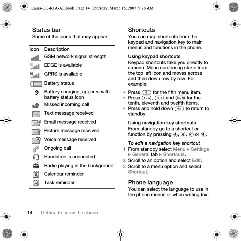 14 Getting to know the phoneStatus barSome of the icons that may appear:ShortcutsYou can map shortcuts from the keypad and navigation key to main menus and functions in the phone.Using keypad shortcutsKeypad shortcuts take you directly to a menu. Menu numbering starts from the top left icon and moves across and then down row by row. For example: •Press   for the fifth menu item. •Press  ,   and   for the tenth, eleventh and twelfth items. •Press and hold down   to return to standby.Using navigation key shortcutsFrom standby go to a shortcut or function by pressing  ,  ,  or  .To edit a navigation key shortcut1From standby select Menu } Settings } General tab } Shortcuts.2Scroll to an option and select Edit.3Scroll to a menu option and select Shortcut.Phone languageYou can select the language to use in the phone menus or when writing text.Icon DescriptionGSM network signal strengthEDGE is availableGPRS is availableBattery statusBattery charging, appears with battery status iconMissed incoming callText message receivedEmail message receivedPicture message receivedVoice message receivedOngoing callHandsfree is connectedRadio playing in the backgroundCalendar reminderTask reminderLaura-UG-R1A-AE.book  Page 14  Thursday, March 15, 2007  9:26 AM
