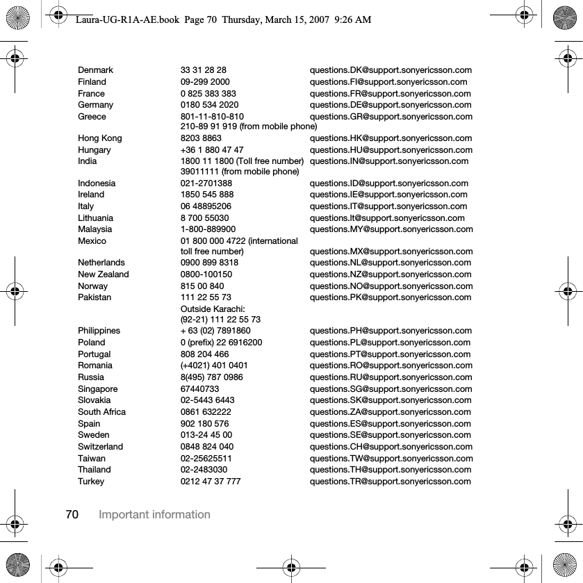 70 Important informationDenmark 33 31 28 28 questions.DK@support.sonyericsson.comFinland 09-299 2000 questions.FI@support.sonyericsson.comFrance 0 825 383 383 questions.FR@support.sonyericsson.comGermany 0180 534 2020 questions.DE@support.sonyericsson.comGreece 801-11-810-810 questions.GR@support.sonyericsson.com210-89 91 919 (from mobile phone)Hong Kong 8203 8863 questions.HK@support.sonyericsson.comHungary +36 1 880 47 47 questions.HU@support.sonyericsson.comIndia 1800 11 1800 (Toll free number) questions.IN@support.sonyericsson.com39011111 (from mobile phone)Indonesia 021-2701388 questions.ID@support.sonyericsson.comIreland 1850 545 888 questions.IE@support.sonyericsson.comItaly 06 48895206 questions.IT@support.sonyericsson.comLithuania 8 700 55030 questions.lt@support.sonyericsson.comMalaysia 1-800-889900 questions.MY@support.sonyericsson.comMexico 01 800 000 4722 (international toll free number) questions.MX@support.sonyericsson.comNetherlands 0900 899 8318 questions.NL@support.sonyericsson.comNew Zealand 0800-100150 questions.NZ@support.sonyericsson.comNorway 815 00 840 questions.NO@support.sonyericsson.comPakistan 111 22 55 73 questions.PK@support.sonyericsson.comOutside Karachi: (92-21) 111 22 55 73Philippines + 63 (02) 7891860 questions.PH@support.sonyericsson.comPoland 0 (prefix) 22 6916200 questions.PL@support.sonyericsson.comPortugal 808 204 466 questions.PT@support.sonyericsson.comRomania (+4021) 401 0401 questions.RO@support.sonyericsson.comRussia 8(495) 787 0986  questions.RU@support.sonyericsson.comSingapore 67440733 questions.SG@support.sonyericsson.comSlovakia 02-5443 6443 questions.SK@support.sonyericsson.comSouth Africa 0861 632222 questions.ZA@support.sonyericsson.comSpain 902 180 576 questions.ES@support.sonyericsson.comSweden 013-24 45 00 questions.SE@support.sonyericsson.comSwitzerland 0848 824 040 questions.CH@support.sonyericsson.comTaiwan 02-25625511 questions.TW@support.sonyericsson.comThailand 02-2483030 questions.TH@support.sonyericsson.comTurkey 0212 47 37 777 questions.TR@support.sonyericsson.comLaura-UG-R1A-AE.book  Page 70  Thursday, March 15, 2007  9:26 AM