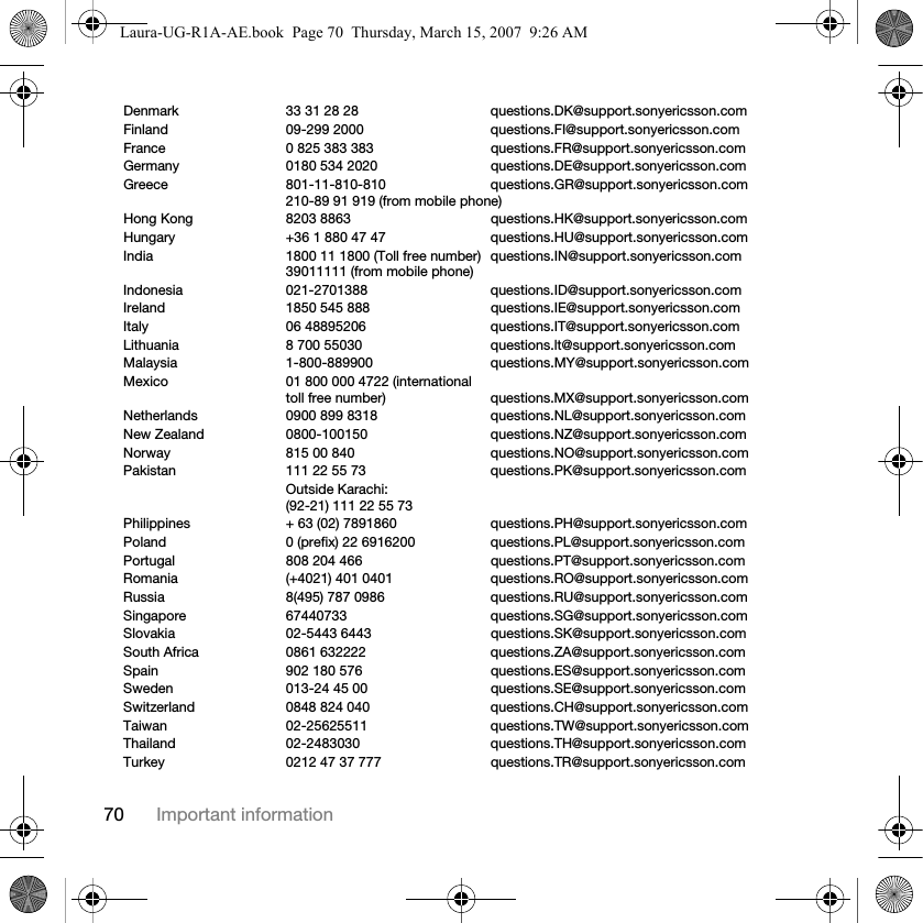 70 Important informationDenmark 33 31 28 28 questions.DK@support.sonyericsson.comFinland 09-299 2000 questions.FI@support.sonyericsson.comFrance 0 825 383 383 questions.FR@support.sonyericsson.comGermany 0180 534 2020 questions.DE@support.sonyericsson.comGreece 801-11-810-810 questions.GR@support.sonyericsson.com210-89 91 919 (from mobile phone)Hong Kong 8203 8863 questions.HK@support.sonyericsson.comHungary +36 1 880 47 47 questions.HU@support.sonyericsson.comIndia 1800 11 1800 (Toll free number) questions.IN@support.sonyericsson.com39011111 (from mobile phone)Indonesia 021-2701388 questions.ID@support.sonyericsson.comIreland 1850 545 888 questions.IE@support.sonyericsson.comItaly 06 48895206 questions.IT@support.sonyericsson.comLithuania 8 700 55030 questions.lt@support.sonyericsson.comMalaysia 1-800-889900 questions.MY@support.sonyericsson.comMexico 01 800 000 4722 (international toll free number) questions.MX@support.sonyericsson.comNetherlands 0900 899 8318 questions.NL@support.sonyericsson.comNew Zealand 0800-100150 questions.NZ@support.sonyericsson.comNorway 815 00 840 questions.NO@support.sonyericsson.comPakistan 111 22 55 73 questions.PK@support.sonyericsson.comOutside Karachi: (92-21) 111 22 55 73Philippines + 63 (02) 7891860 questions.PH@support.sonyericsson.comPoland 0 (prefix) 22 6916200 questions.PL@support.sonyericsson.comPortugal 808 204 466 questions.PT@support.sonyericsson.comRomania (+4021) 401 0401 questions.RO@support.sonyericsson.comRussia 8(495) 787 0986  questions.RU@support.sonyericsson.comSingapore 67440733 questions.SG@support.sonyericsson.comSlovakia 02-5443 6443 questions.SK@support.sonyericsson.comSouth Africa 0861 632222 questions.ZA@support.sonyericsson.comSpain 902 180 576 questions.ES@support.sonyericsson.comSweden 013-24 45 00 questions.SE@support.sonyericsson.comSwitzerland 0848 824 040 questions.CH@support.sonyericsson.comTaiwan 02-25625511 questions.TW@support.sonyericsson.comThailand 02-2483030 questions.TH@support.sonyericsson.comTurkey 0212 47 37 777 questions.TR@support.sonyericsson.comLaura-UG-R1A-AE.book  Page 70  Thursday, March 15, 2007  9:26 AM